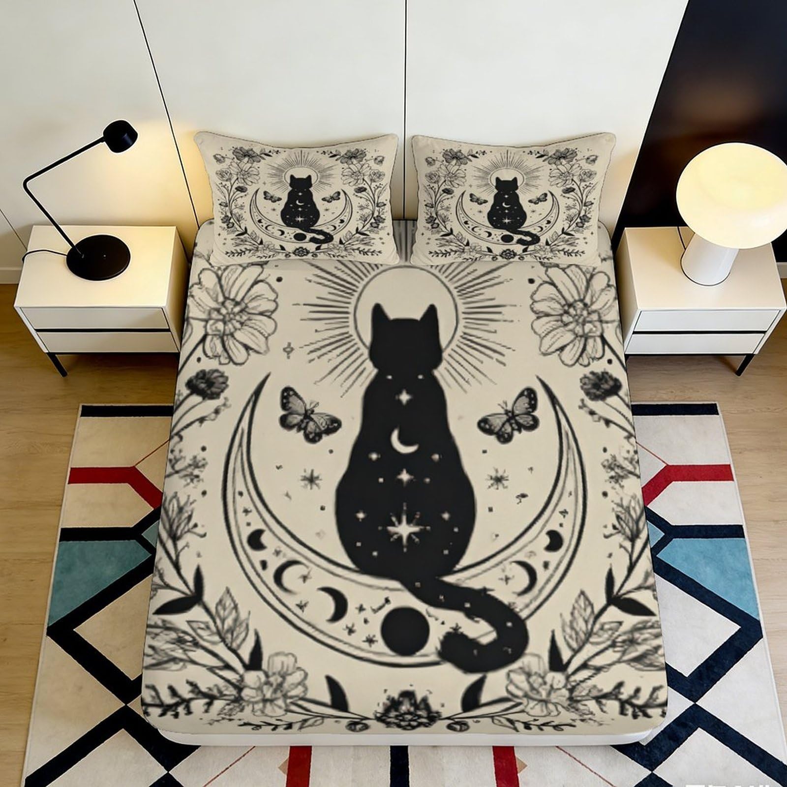 3D Printed Moon Cat Fitted Sheet Microfiber Deep Pocket Bedroom Non-Slip Moon Cat Mattress Fitted Cover Home Wrap 180x200x25cm