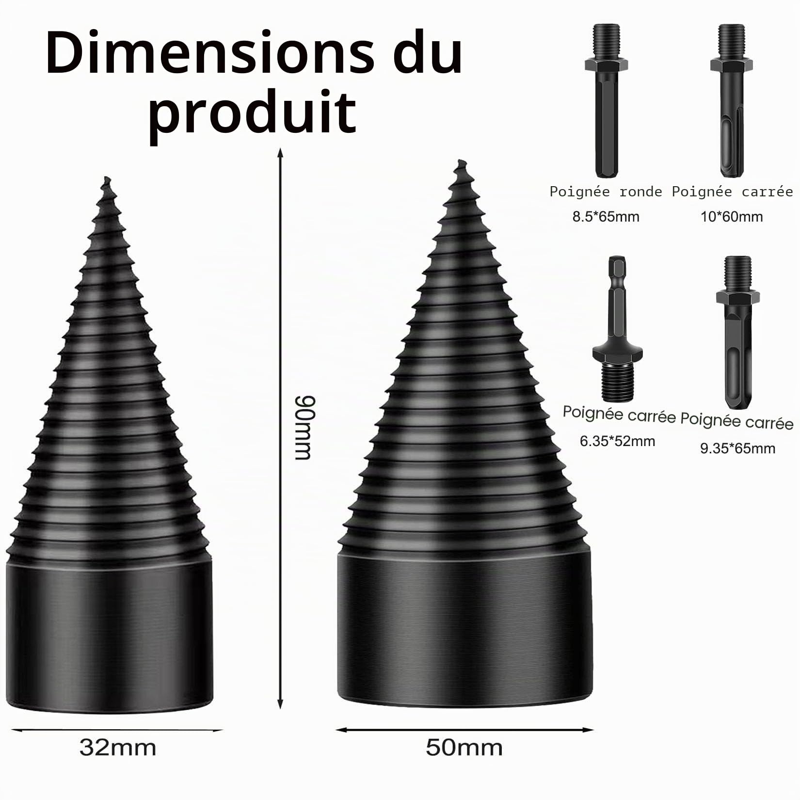 Fendeur de bois foret 50 mm + 32 mm, perceuse fendeuse de bois avec 4 poignées de perçage, fendeuse conique pour fendre et percer le bois