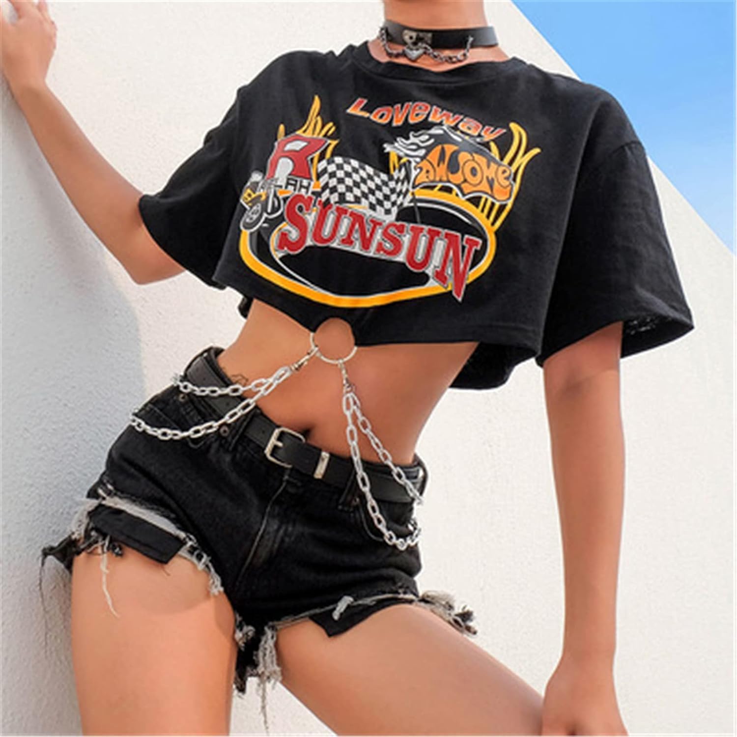 レディースショート丈半袖Tシャツ 女性用半袖クロップトップTシャツレターチェーンTシャツ 春夏 秋 (色 : Black, Size