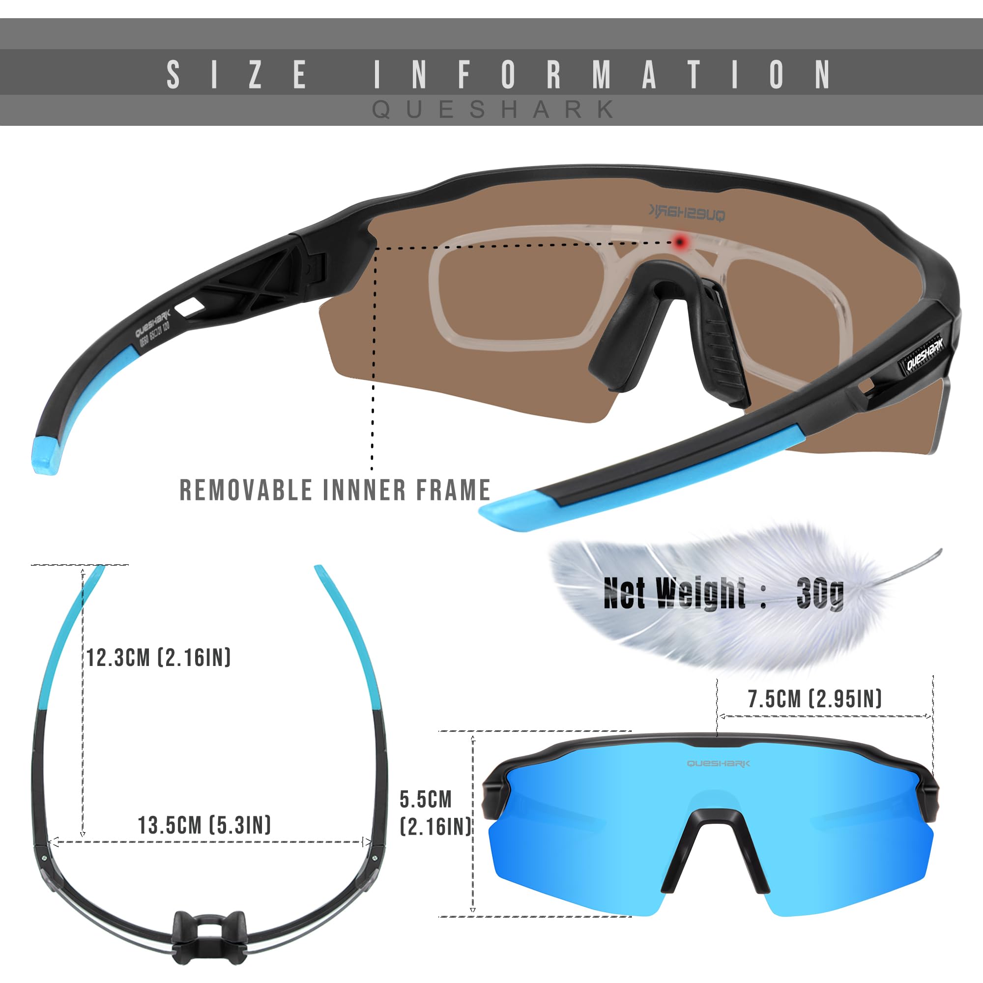 Queshark Occhiali Ciclismo Uomo e Donna, Occhiali Veloci Polarizzati, Con 1 Lenti o 4 lenti Intercambiabili, TR90 Montatura, UV400 Occhiali Sportivi Uomo per Ciclismo, Corsa, Pesca, Baseball, Sci