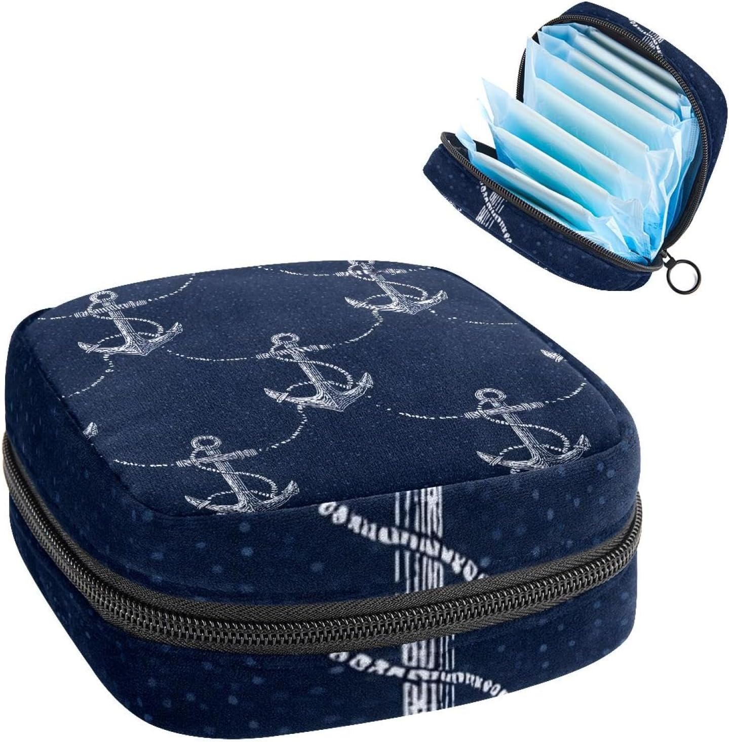 1Pc Portable Sanitary Napkin Storage Bag, Menstrual Cup Pouch, Feminine Care Pads Bag for Girls Women, Tampons First Period Kit, Nautical Anchor on Navy Blue Background