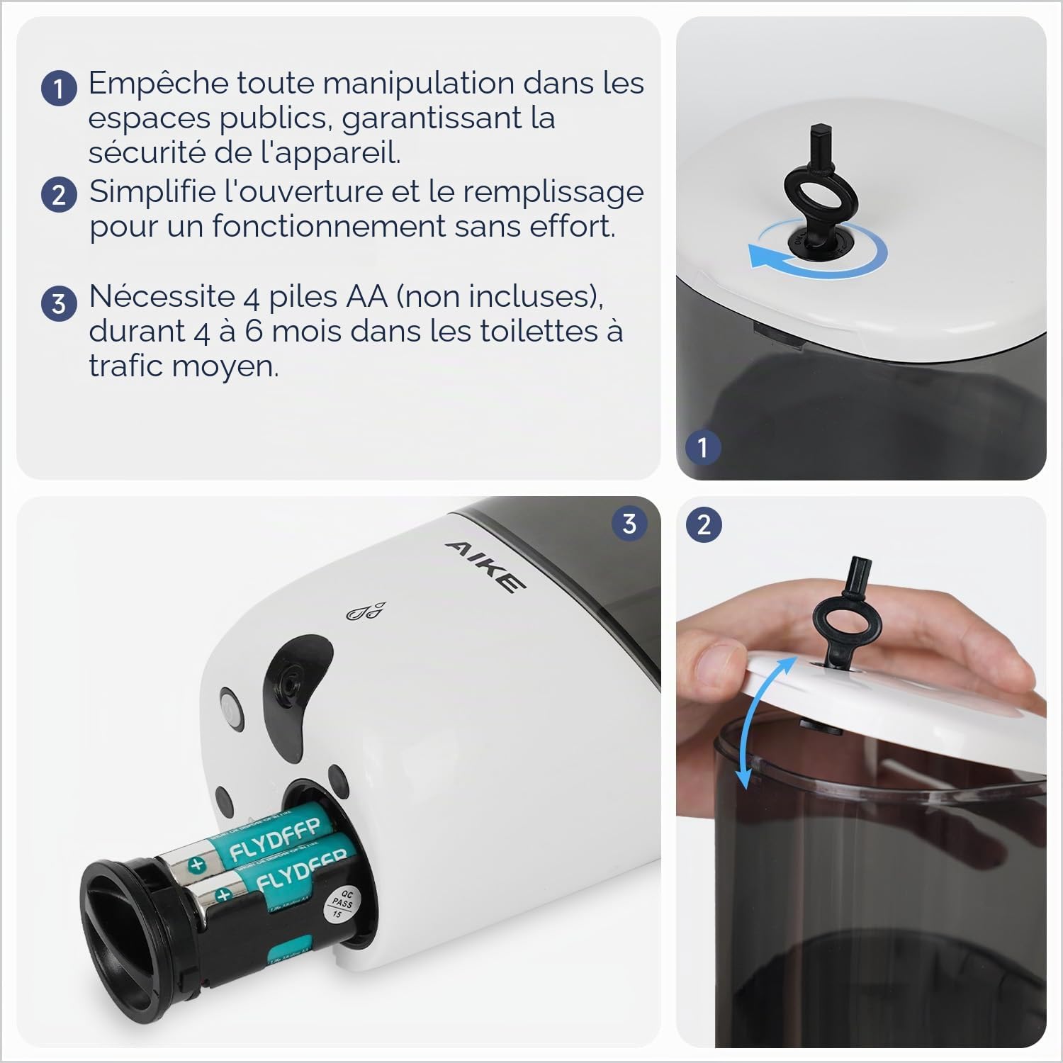 AIKE Distributeur de Savon Automatique Mural, Distributeur de Savon Blanc sans Perçage, Distributeur de Savon Liquide pour Salle de Bain et Cuisine, Modèle AK1216