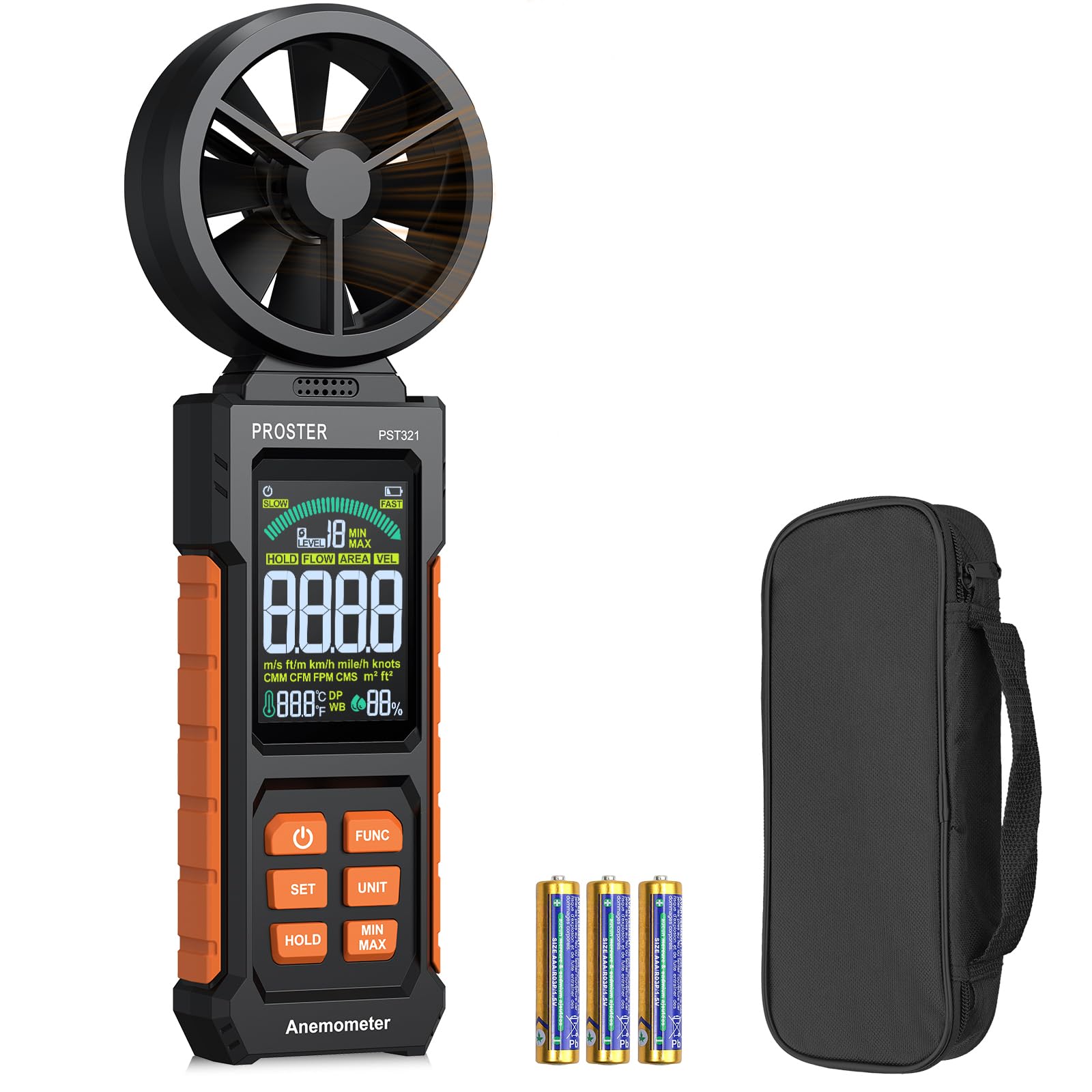 Proster Anemómetro Portátil Medidor de Velocidad del Viento Digital con CMM CFM Flujo de Aire y Temperatura