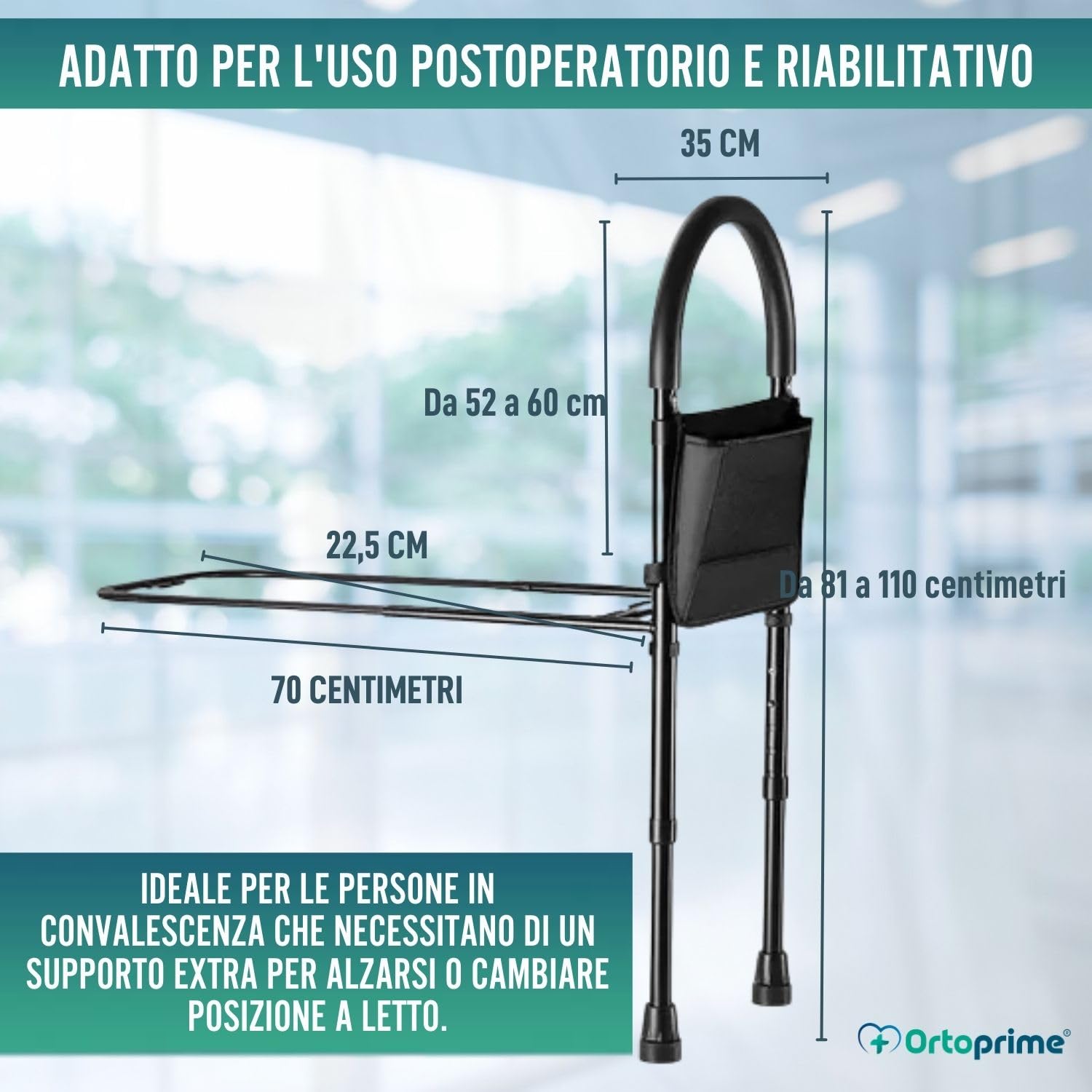 OrtoPrime Maniglia da Comodino Confort – Barriera di Sicurezza per Adulti – Sponda Laterale con Porta Riviste – Impugnatura Imbottita – Aiuto per Alzarsi dal Letto Anticaduta Nera