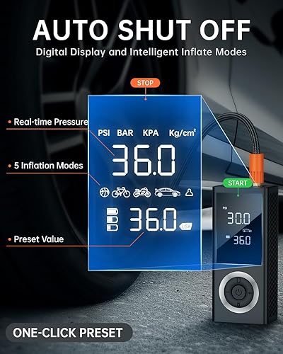 Miniatura 5 de Compresor de aire portátil para inflador de neumáticos, bomba de aire inteligente de 150 PSI para neumáticos de automóvil con medidor de presión