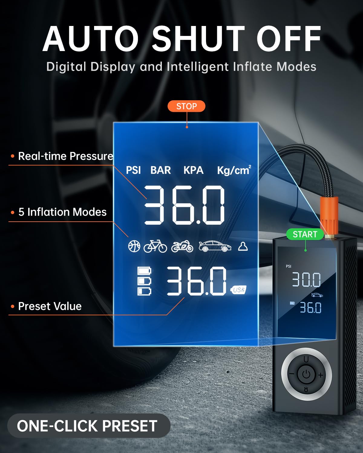 Reifenfüller, tragbarer Luftkompressor, kabellos, mit 10000 mAh Akku, Dual-Power, 3 Lichtmodi, schnelles Typ-C-Aufladen, intelligente Luftpumpe für Auto