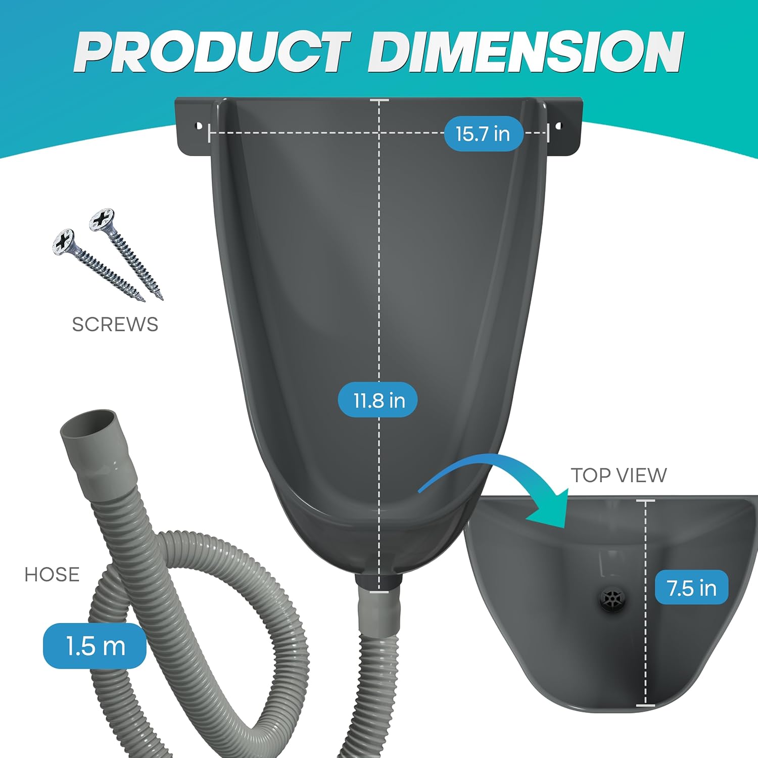 RAEFLOW Waterless Urinal with dimensions, hose, and screws