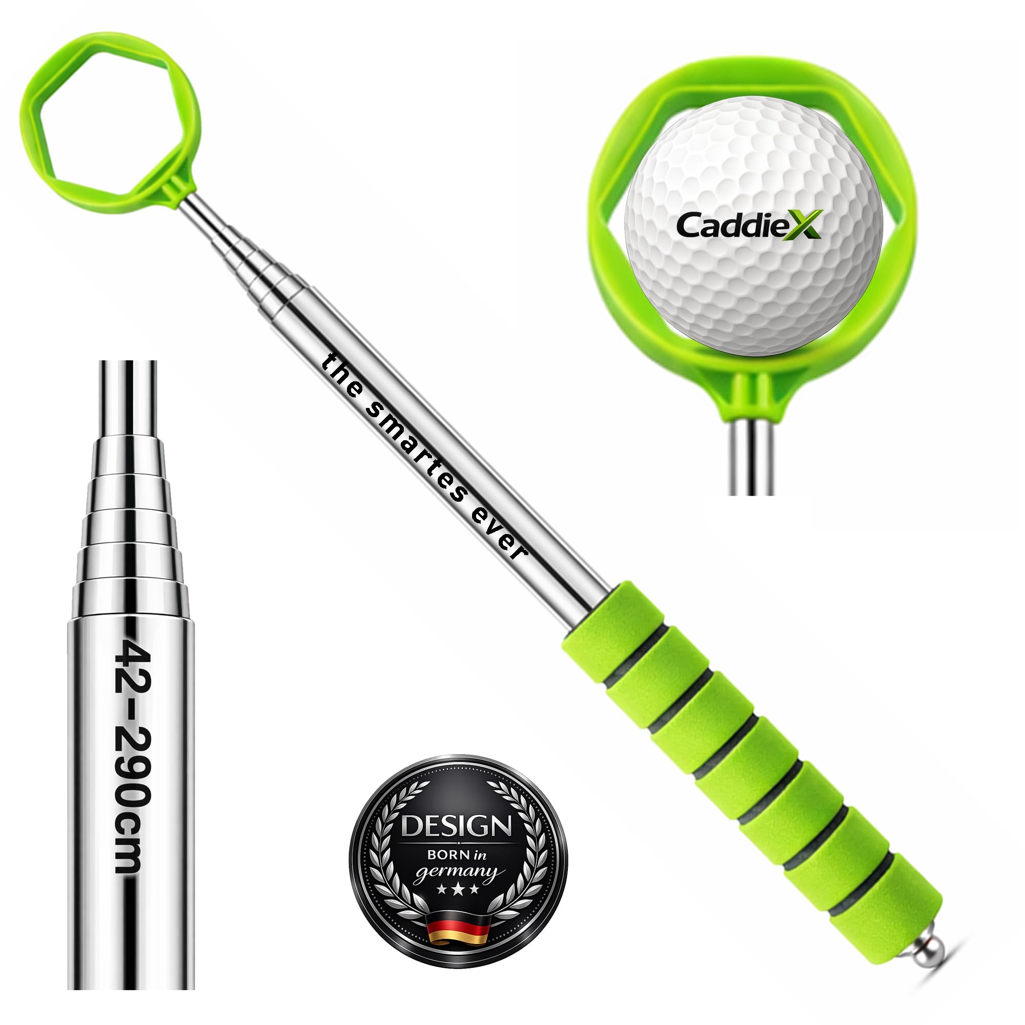 JAY K Golf Ball Angel Edelstahl – 9-Fach Teleskop bis 2,90 m – Kompakt 42 cm – Ergonomischer Softgriff – Sicheres 6-Kant-Greifsystem – Golfball Retriever Golfballangel in 5 Farben