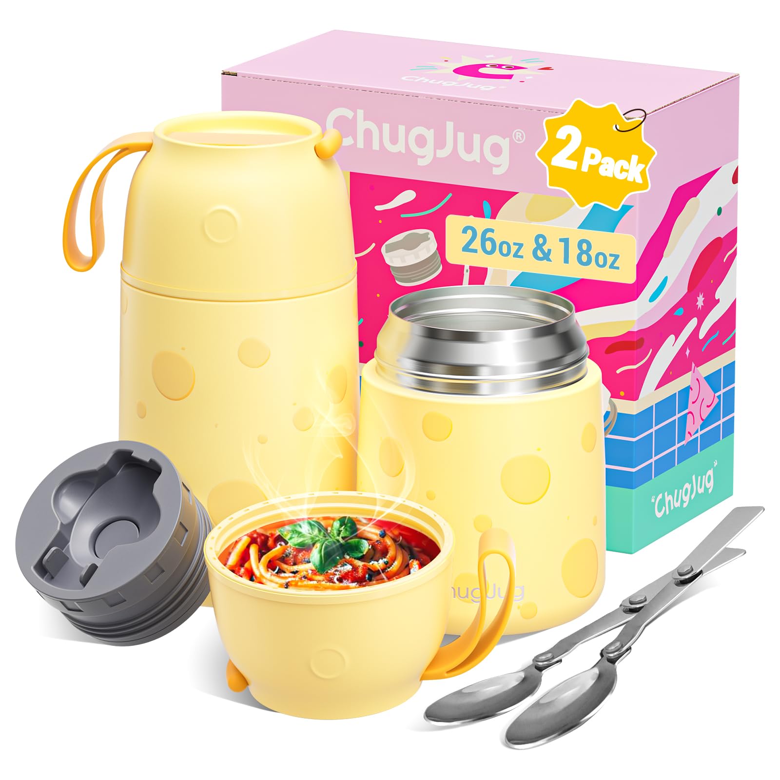 2 Pack Thermo for Hot Food with Spoons, 26oz & 18oz Food Jar Set