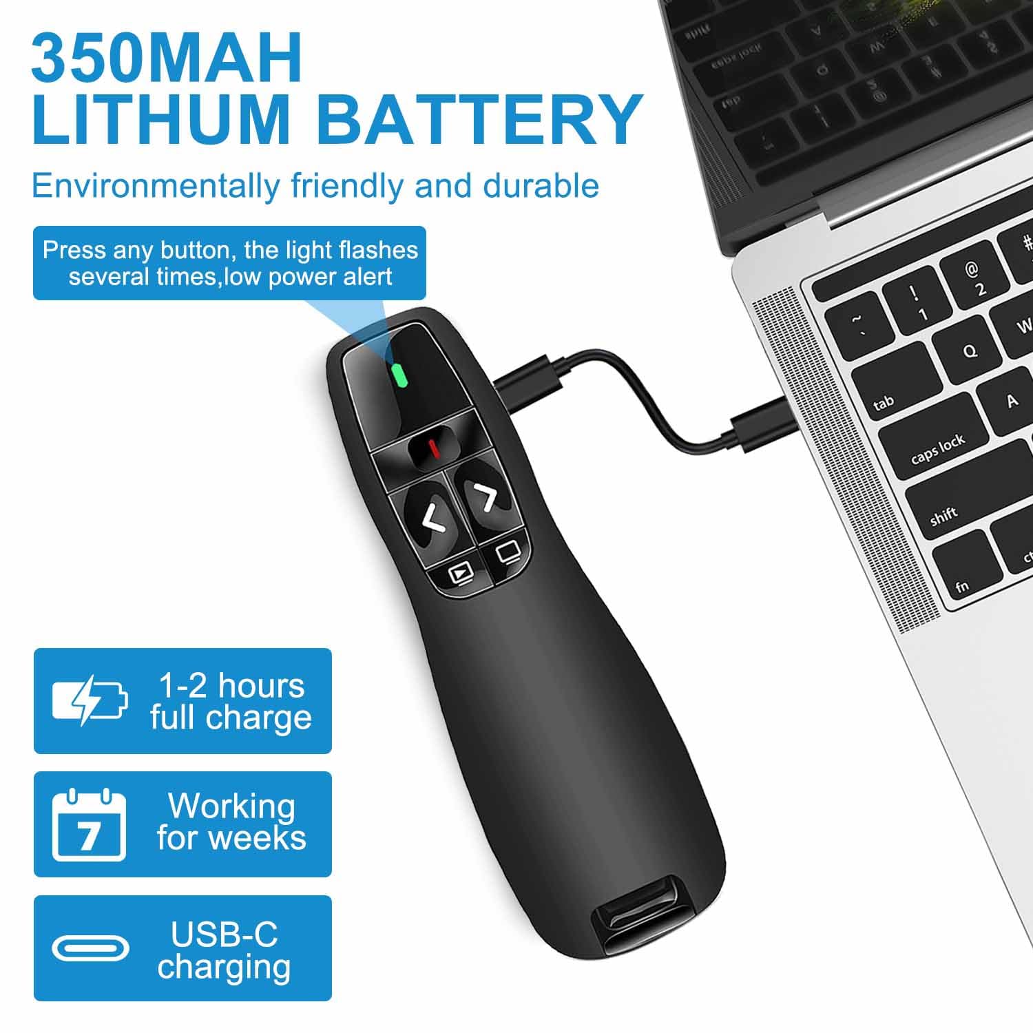 VOVIGGOL USB/Type-C 2 en 1 Ergonomique Télécommande PowerPoint Rechargeable Présentateur Sans Fil pour PC Portable