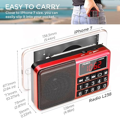 Miniatura 2 de PRUNUS 429 Small Radio, Pocket Radio, AM FM Radio USB Charging, Large Button, Neodymium Speaker, Auto Save, USB Flash Drive, SD Card AUX Input MP3,