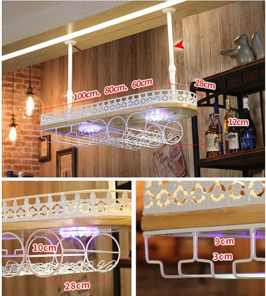 Bottle Holder Glass Holder Wine Glass Rack Solid Wood Hanging Wine Hanger Shelf with Retro Light (White 80 cm)