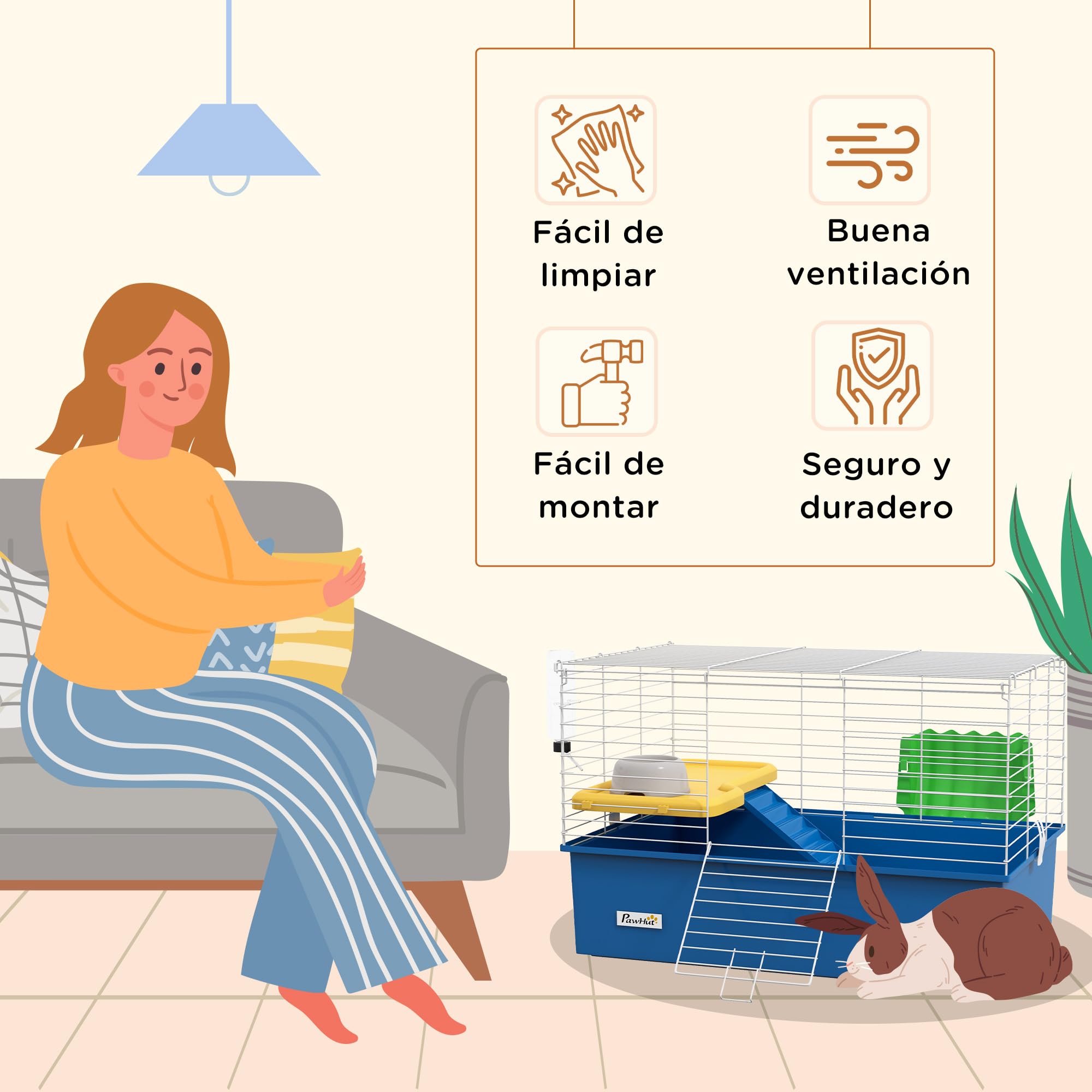 PawHut Jaula para Hurones con Bandeja Inferior Jaula para Animales Pequeños con Plataforma con Rampa Comedero y Bebedero Recinto para Conejos Pequeños Chinchillas Cobayas 71x46x47 cm Blanco y Azul
