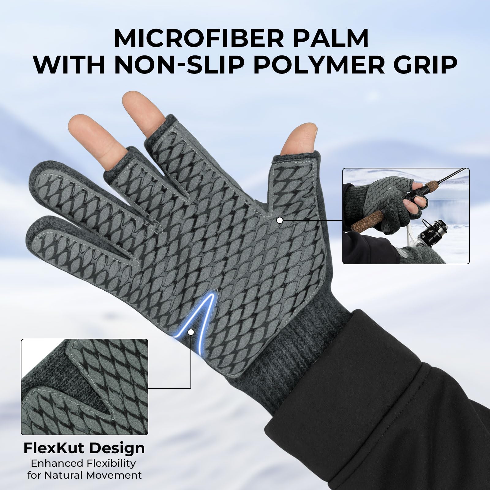 KastKing Bully Wooly 3-Cut Fingerless Wool Fishing Gloves, Cold Weather Warm Winter Gloves for Men & Women, Ice Fishing