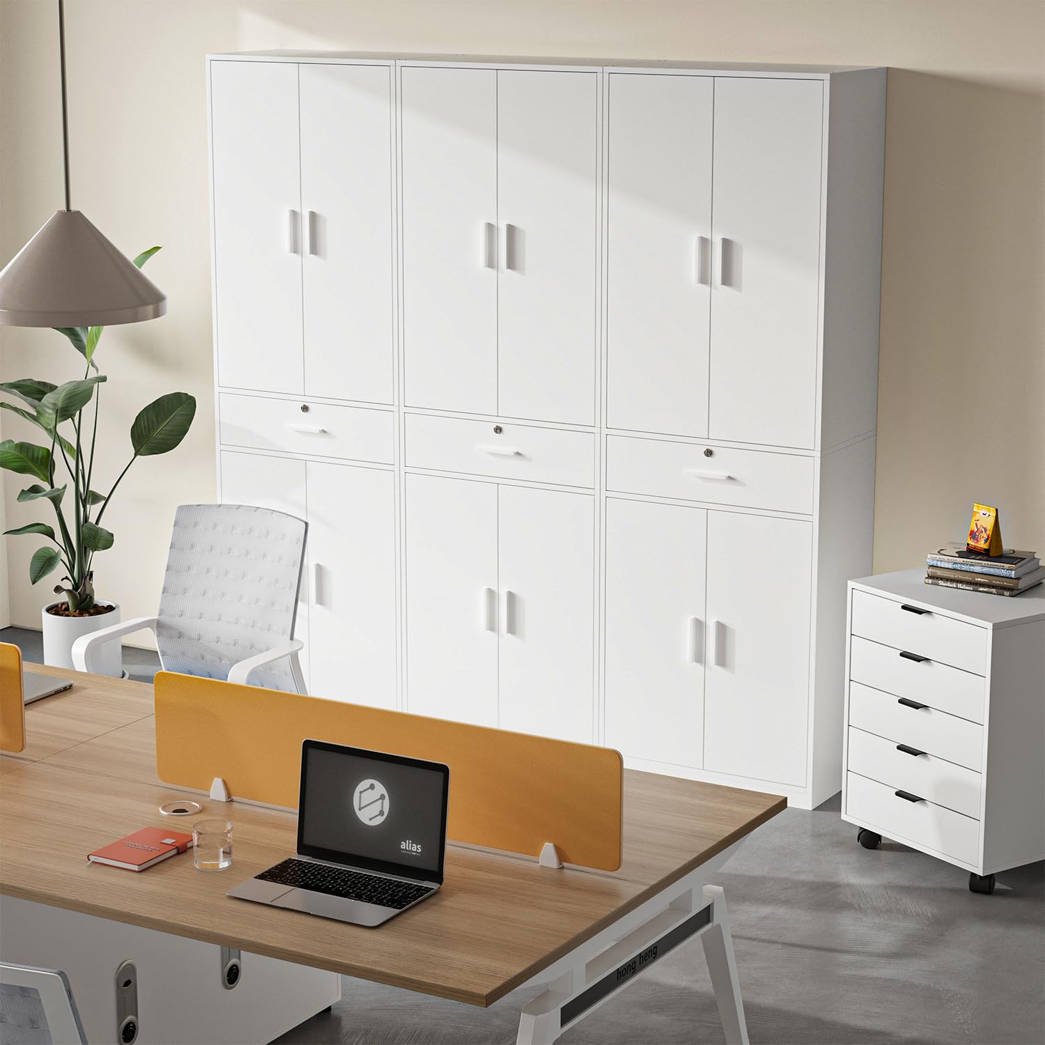 Mehrzweckschrank Büroschrank, Aktenschrank mit Schublade, Weiß | Schrank mit Schublade Türen，Kleiderschrank Küchenschrank Hochschrank，60x180x34 cm (BxHxT)