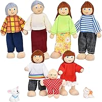 Jzszera Wooden Dollhouse Family Set: 7 Poseable Mini Figures + 2 Pets for Toddler Girls Imaginative Pretend Play