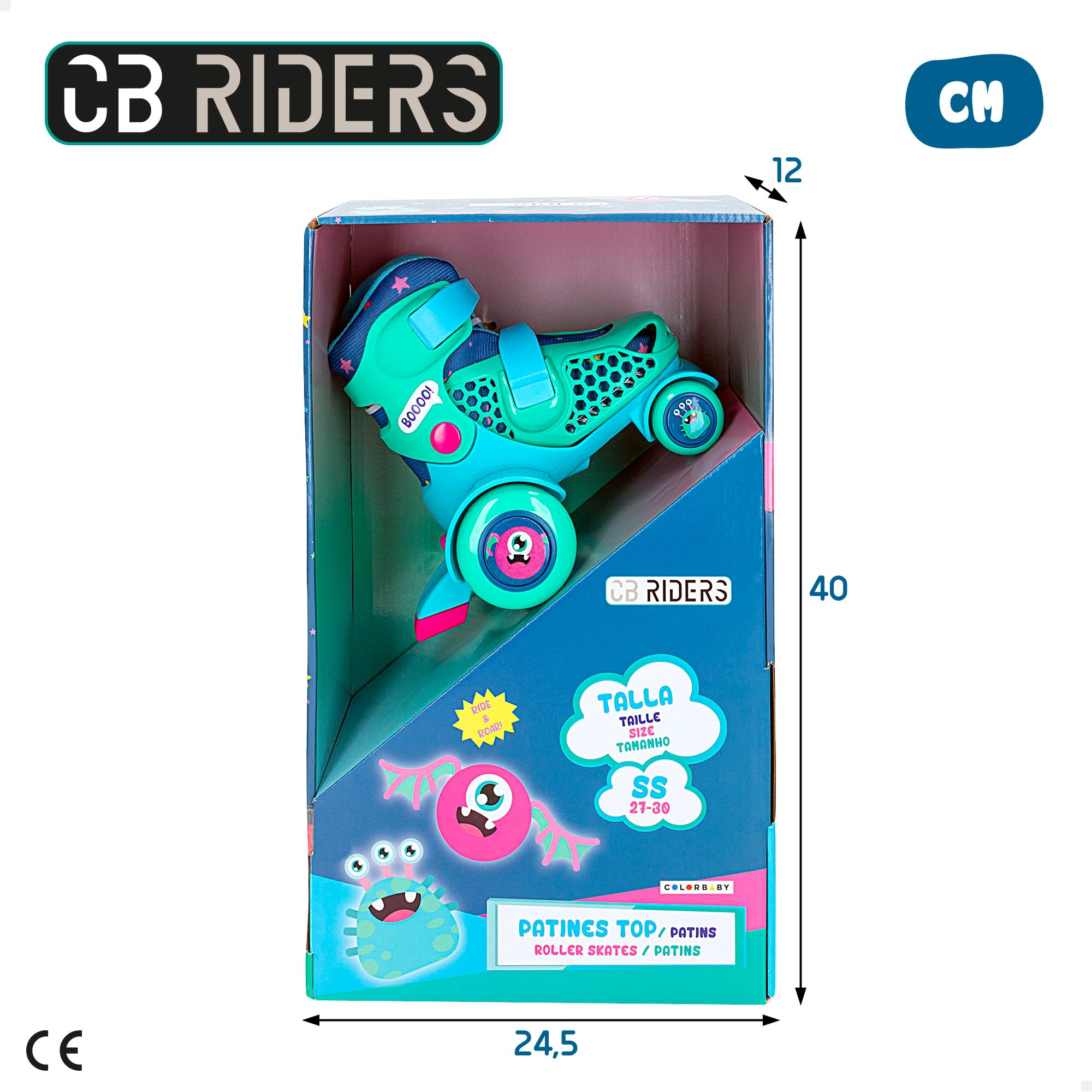 COLORBABY CB Riders, Patines en línea Infantiles, 4 Ruedas, Ajustables, Talla 27-30, Diseño Monstruos, Ajuste Seguro y cómodo, Freno Trasero de Seguridad, Optimos para Principiantes, 3 años (47551)