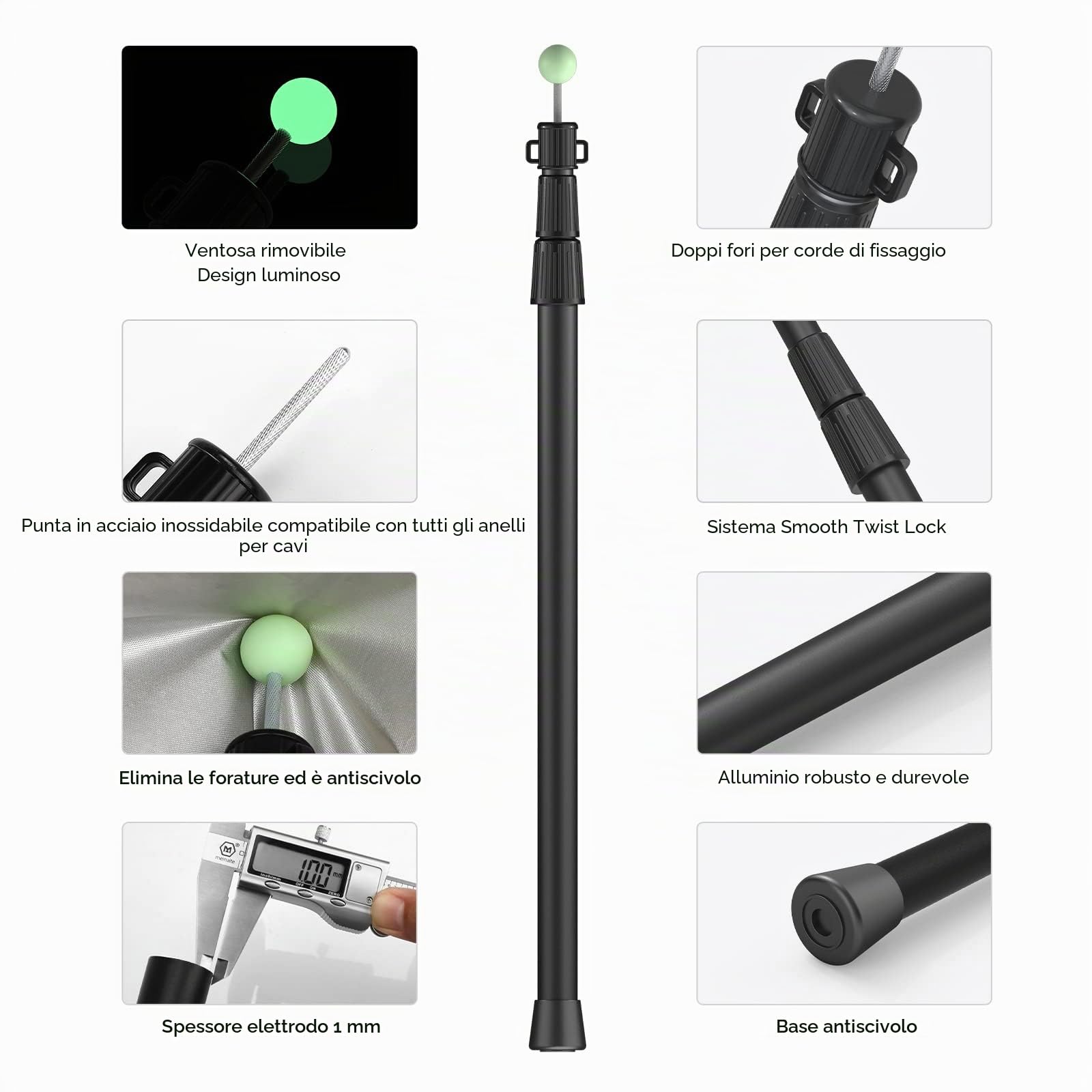 SANLIKE Asta Telescopica Alluminio Pieghevole 2,45m Nero Campeggio Set 2 | Per campeggiatori escursionisti , altezza regolabile , compatibile tende parasole , trasportabile anti corrosione