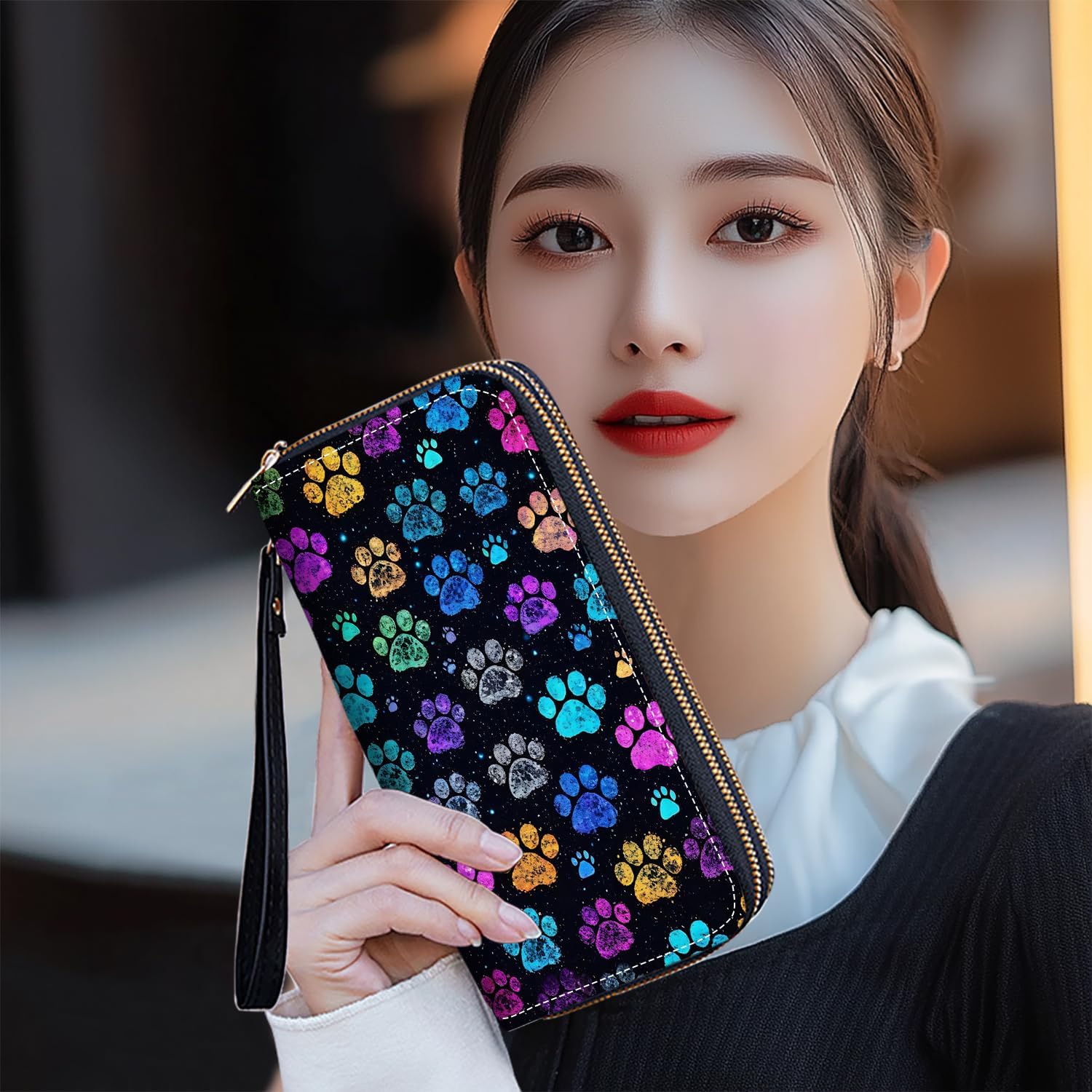 Colorful Dog Paw Prints Print Women Large Capacity PU Leather Double Zipper Wallet, Multifunctional Clutch Purse for Cash/Card/Coin/Smart Phone - Image 7