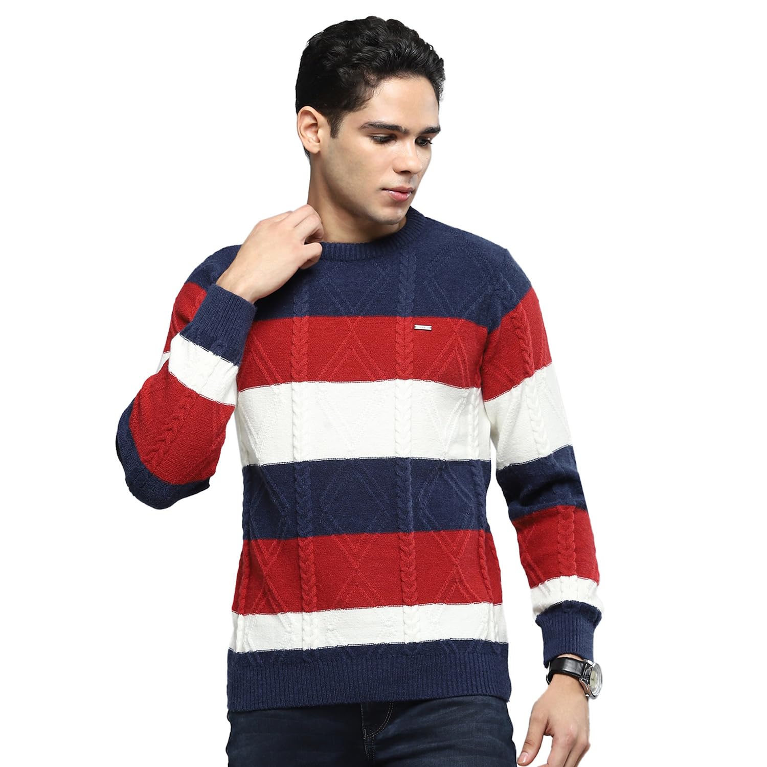 cloak & decker Mens Stripes Navy Blue Round Neck Full Sleeves Pullover-picture-22