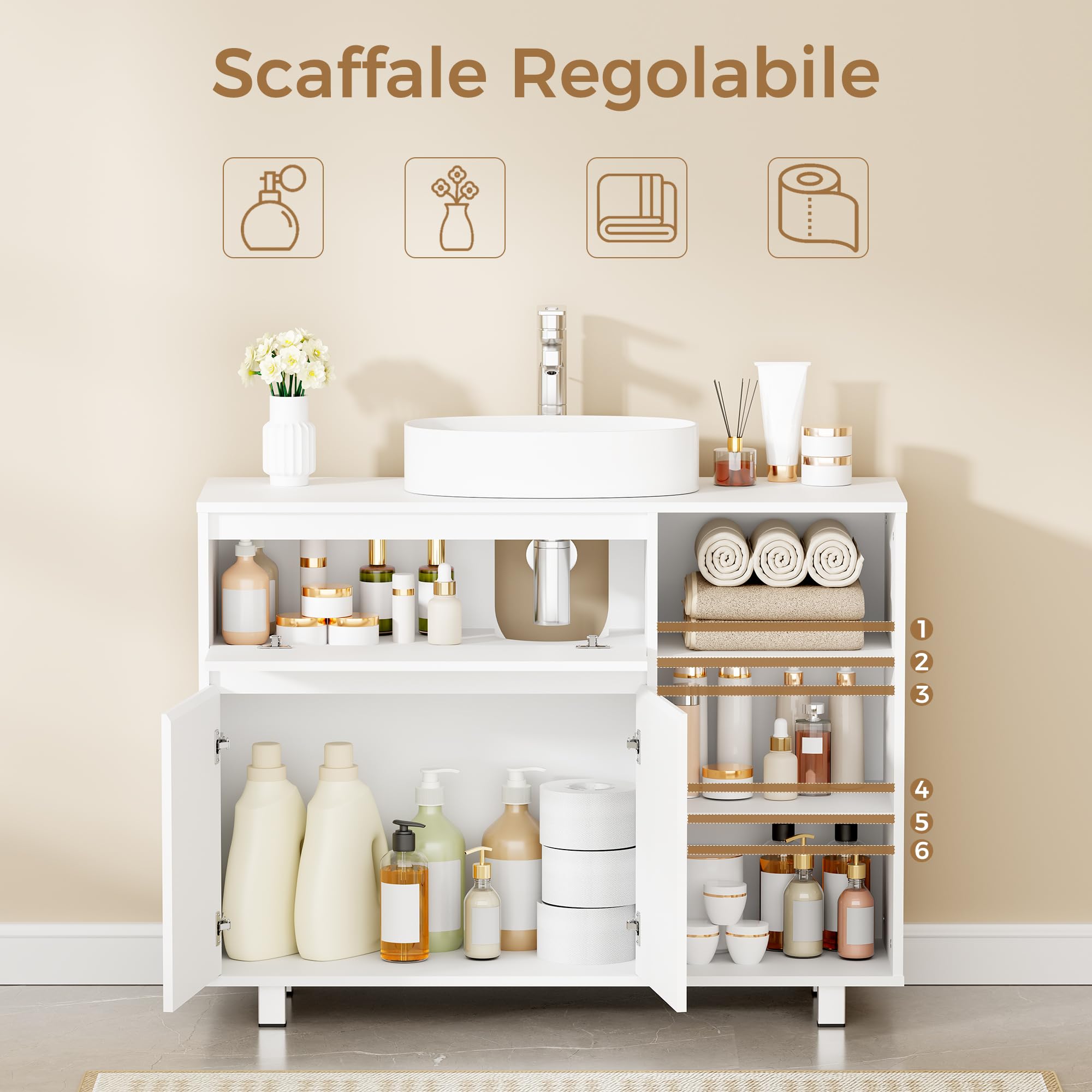 BEWISHOME Mobile Sottolavabo per Bagno,Mobile da Bagno, 1 vano Portaoggetti Nascosto, 2 Ante, 3 Ripiani Regolabili Aperti, con Gambe, 90 x 64.5 x 30 cm, Bianco EYSG02W