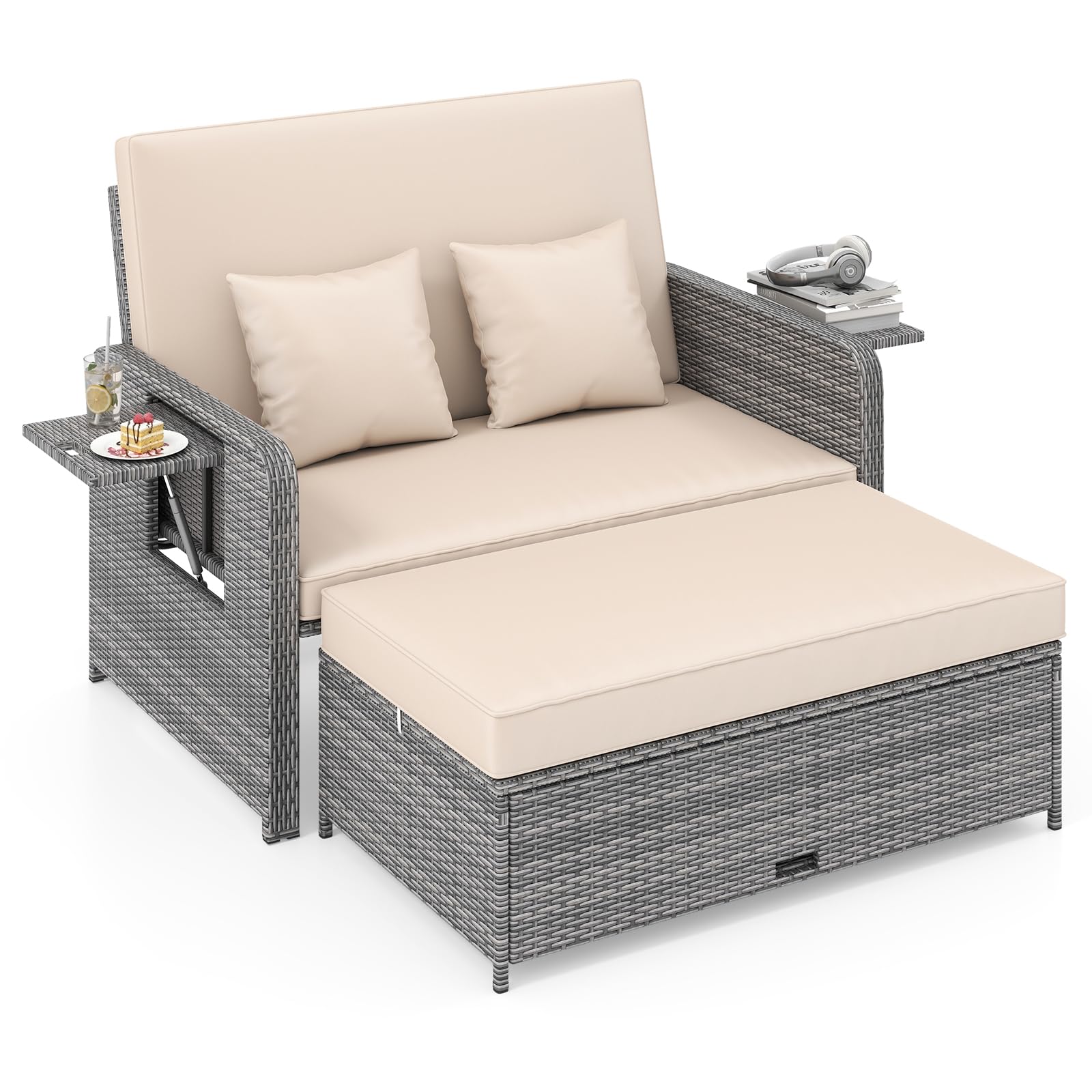 GIANTEX Canape Exterieur Jardin 2 Pièces, Canapé de Jardin 2 Places en Rotin PE, Ottoman de Rangement, Dossier Réglable, Tables d'Appoint Rétractables, Coussins Doux, pour Porche, Patio, Gris+Kaki