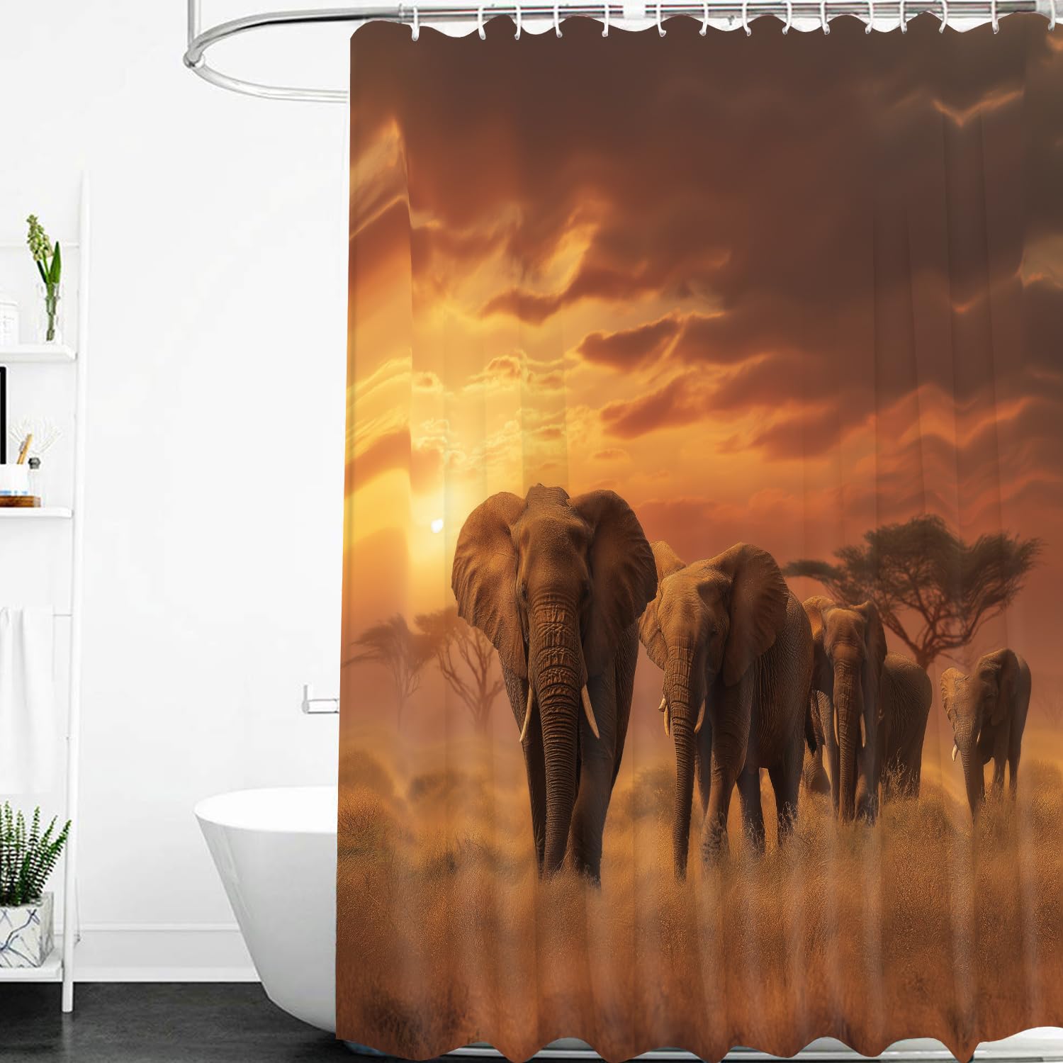 Elefanten-Duschvorhang 240x200, Elefanten Auf Der Wiese und Orangefarbener Sonnenuntergang, Badezimmervorhang mit Haken, Waschbarer Stoff für Nassraum Badezimmerdekor, B240 x H200 cm (1Er Pack)