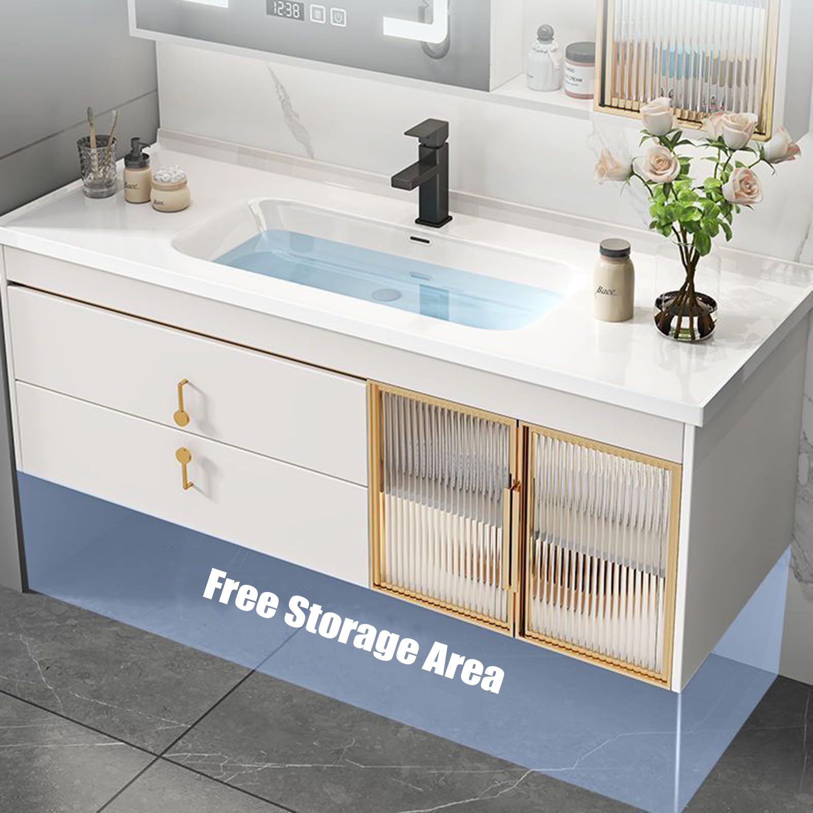 Set di Mobili da Bagno con Lavabo in Ceramica, Armadietto A Specchio, Set di Mobili da Bagno Lavabo con MobilettoWhite,90cm/36in