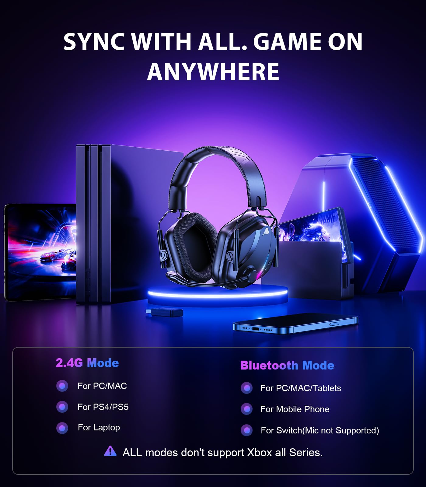 Vakedy HW12 bezprzewodowy zestaw słuchawkowy do gier z mikrofonem 2,4 GHz Bluetooth słuchawki gamingowe bezprzewodowe dla graczy Duty/FPS, żywotność baterii 50 godzin zestaw słuchawkowy dla graczy do