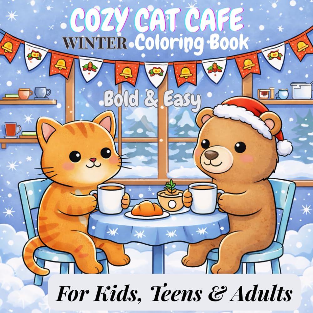 Cozy Cat Café Winter Coloring Book (Bold & Easy Kids And Adults): Simple, cozy scenes of café cats, coffee, and winter treats for stress-free coloring and relaxation