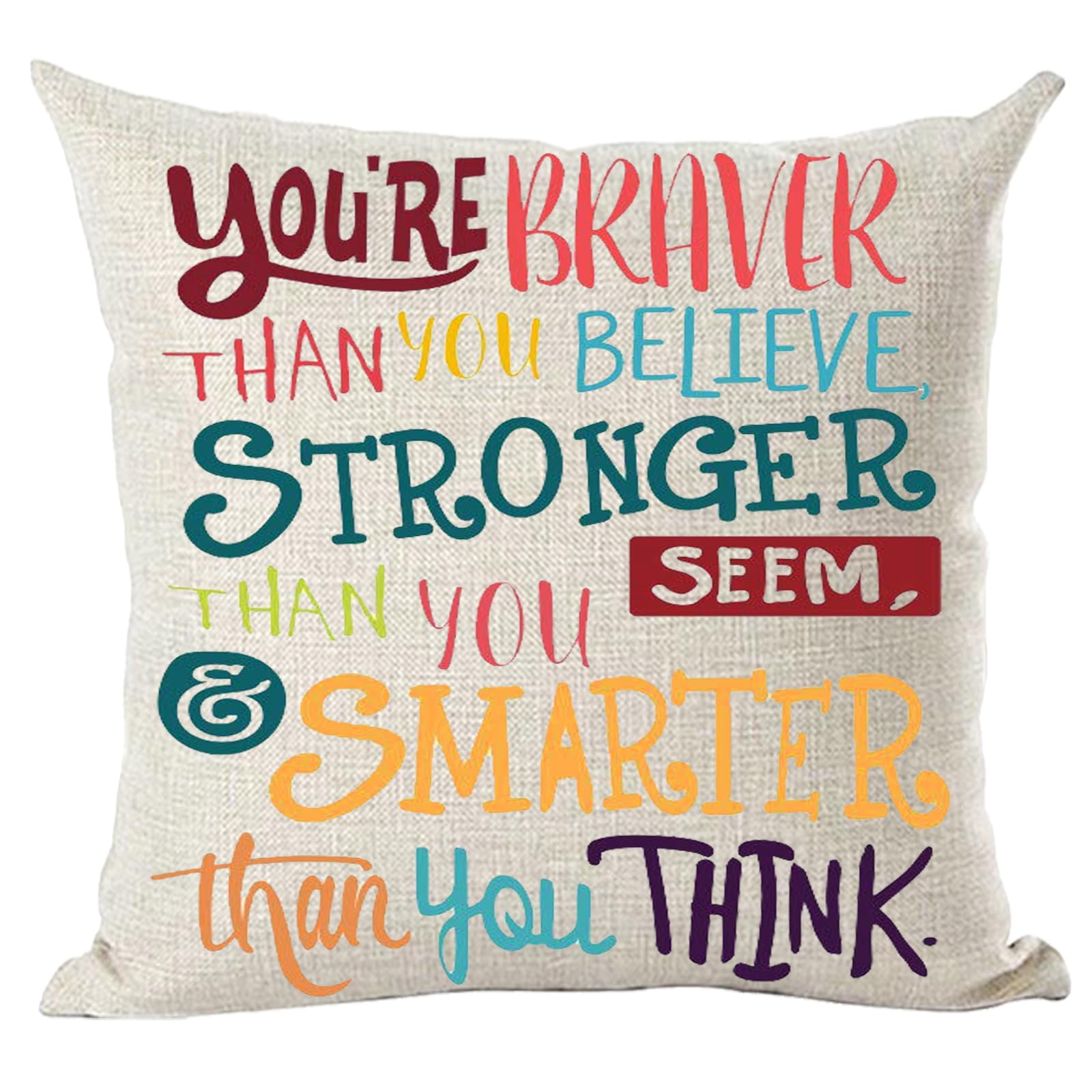 Ramirar Colorful Word Art Quote You're Braver Than You Believe Stronger Smarter Inspirational Decorative Throw Pillow Cover Case Home Living Room Bed