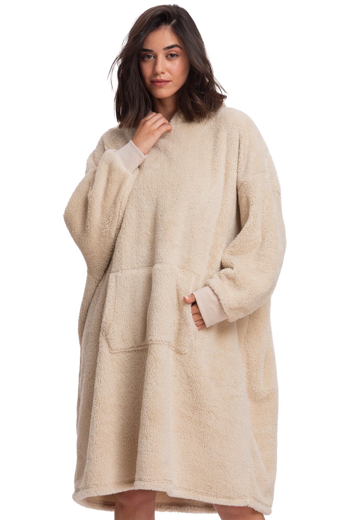 Women's Sherpa Wearable Blanket Hoodie - Warm and Cozy Winter Wearable Blanket Sweater with Big Hood & Pockets for Adult Women & Teens, Off White