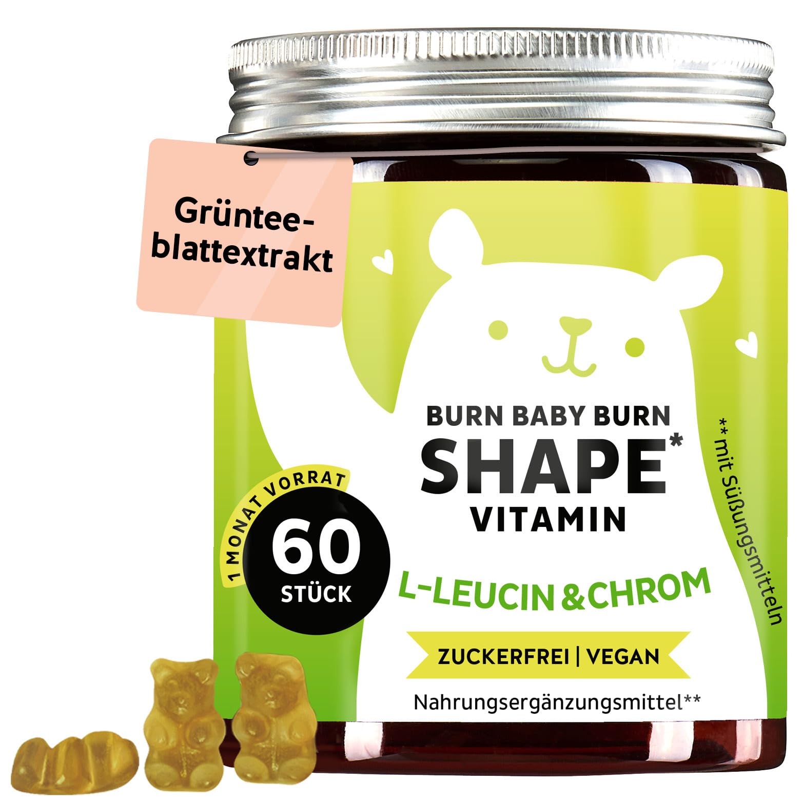 Nährstoff-Komplex Gummies – Burn Baby Burn Shape Gummies mit Chrom, Biotin, Zink, L-Leucin & Grüntee-Extrakt – 60 Stück (1 Monatsversorgung), Vegan, Zuckerfrei, Bears With Benefits