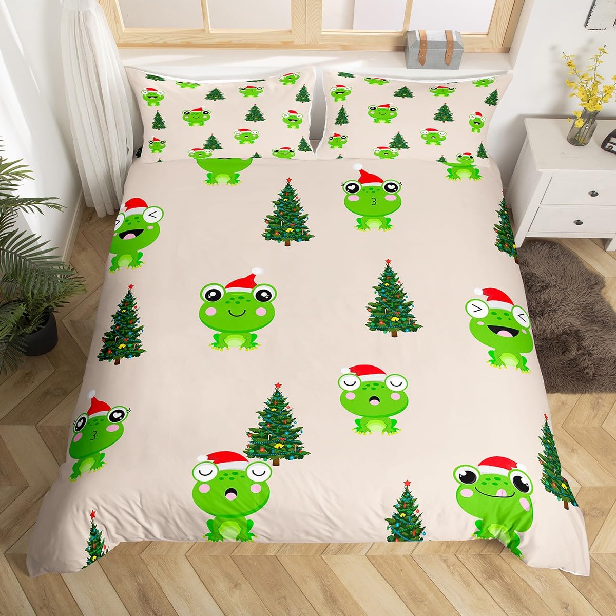 Homewish Xmas Frog Bed Set Christmas Tree Duvet Cover, Cute Animal Bedding Set Single Festival Theme Comforter Cover, Beige Green Red Bed Cover Kids Boys Girls Kawaii Bedroom Decor Lightweight