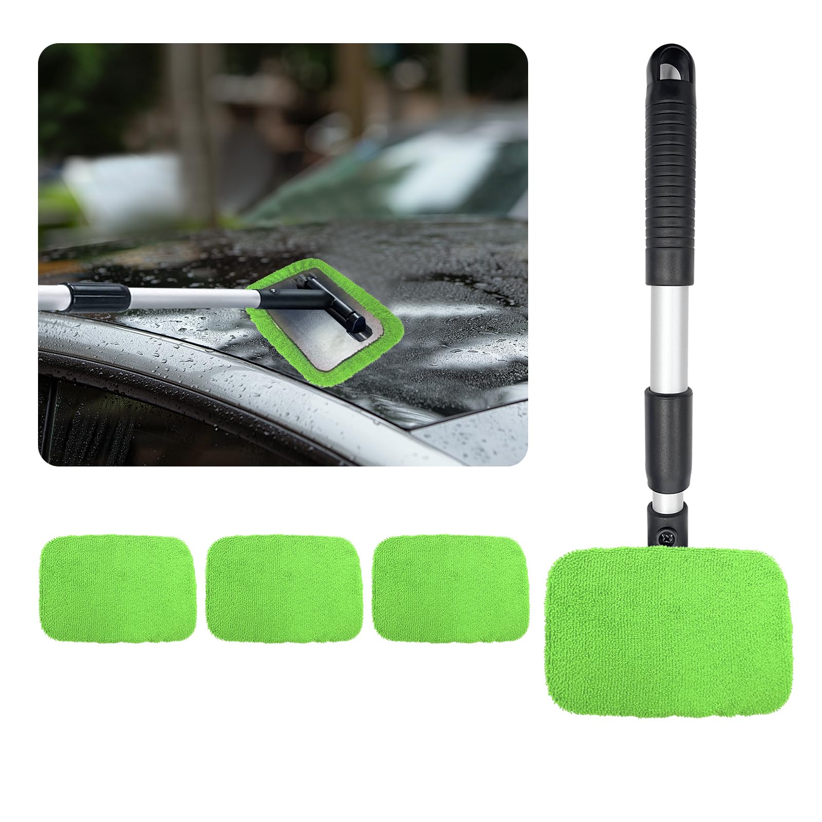SoSickWithIt Car Windshield Cleaning Tool, Windshield Cleaner With 4 Washable And Reusable Microfiber Pads And Extendable Handle, For Auto Glass Wiper