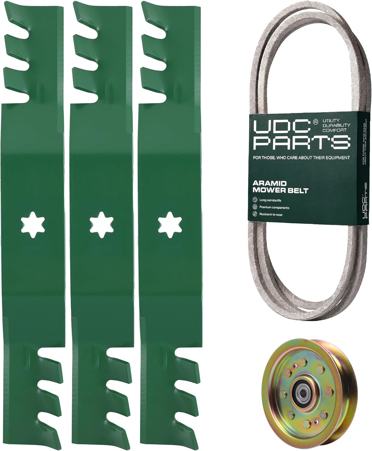 UDC Parts 754-04077/942-04053C + 956-04129 Mower Deck Belt/Gator Blades + Idler Pulley/Fits John Deere Scotts Sabre