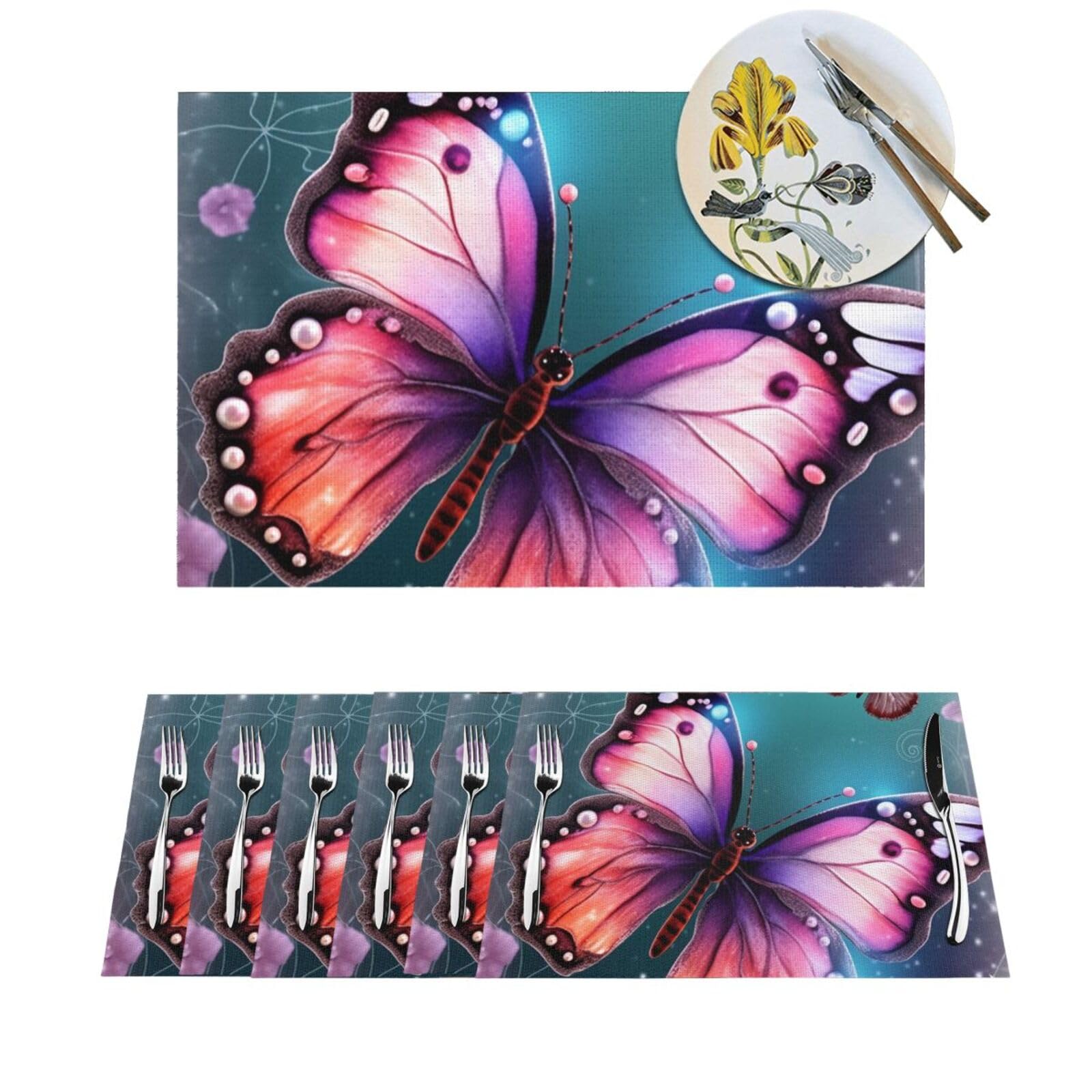 Sets de table lavables en PVC tissé motif papillon résistant à la chaleur | Lot de 6