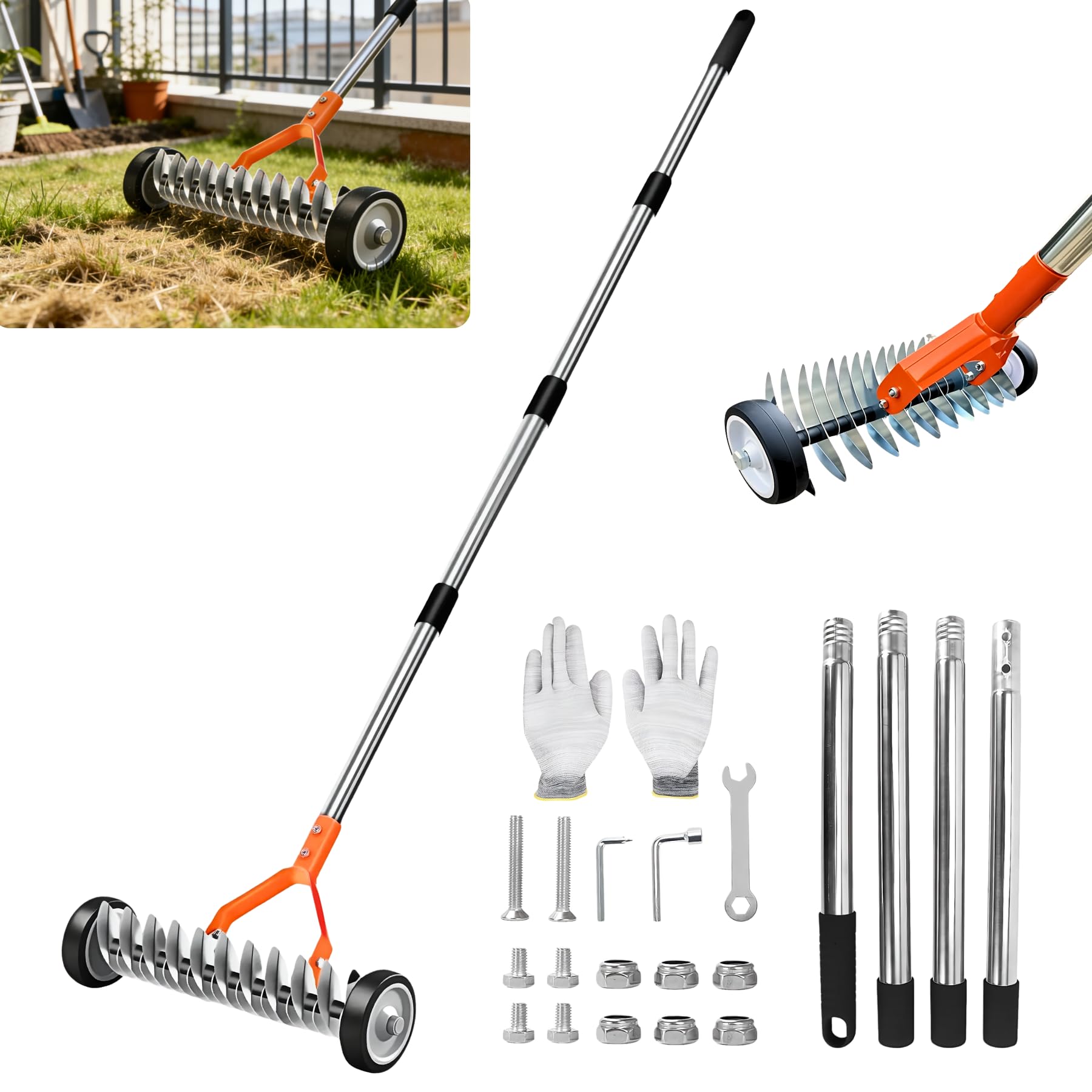 Manual Scarifier for Lawns, Double-Tooth Rolling Lawn Scarifying Rake with 65.3’’ Adjustable Handle, Carbon Steel Heavy Duty Lawn Thatch Rake for Yard Garden Lawn Care, Weeding, Loosening Soil