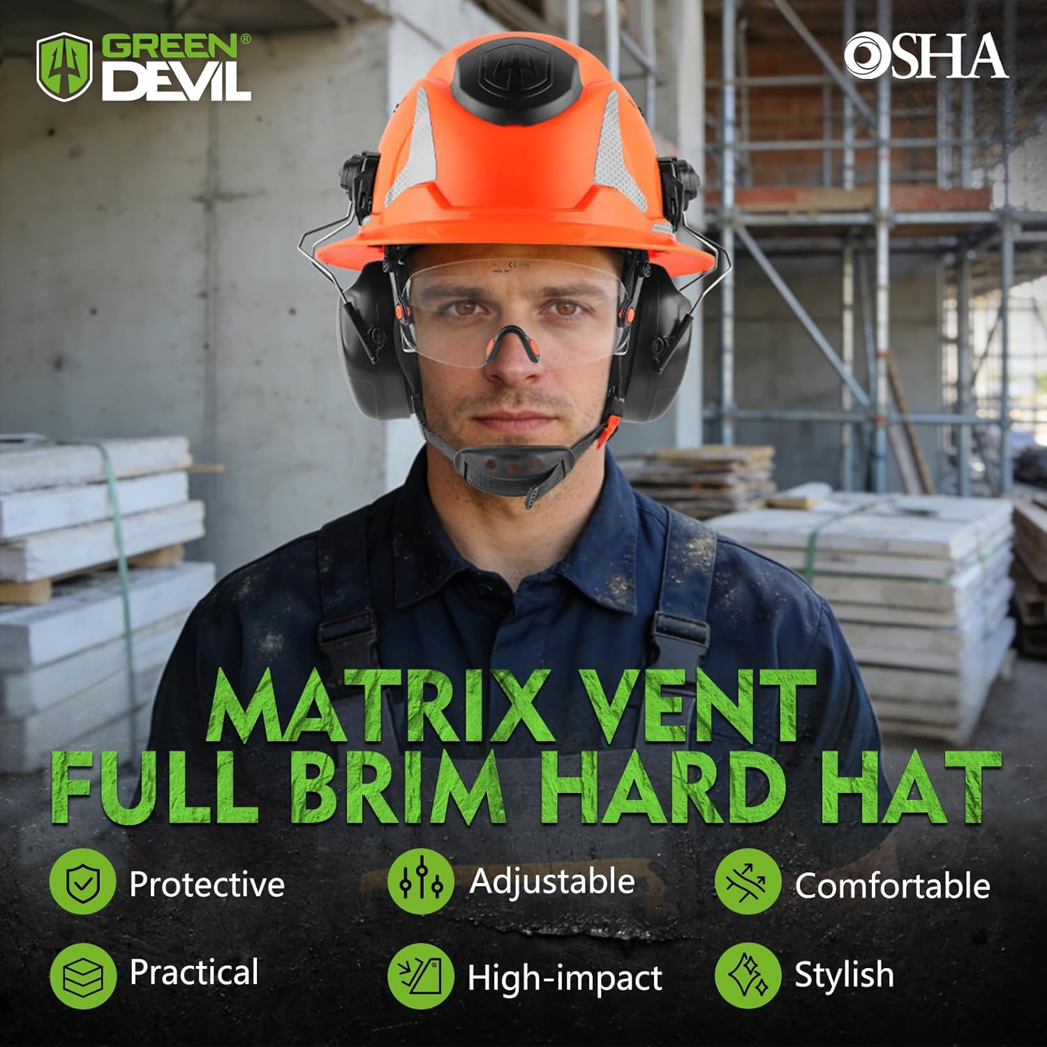 GREEN DEVIL Matrix Full Brim Hard Hat with Ear Muffs Vented Construction Safety Helmet OSHA Approved Cascos De Construccion Work Hardhat for Men&Women