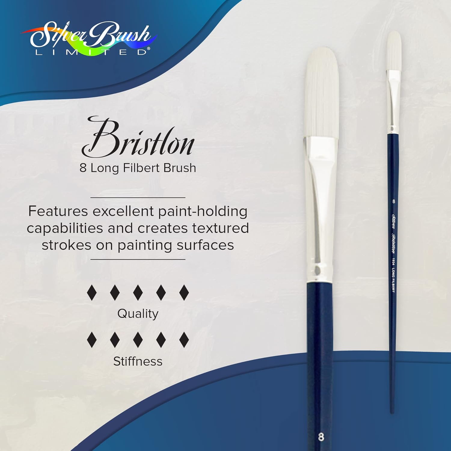 Silver Brush Limited 1934-8 Bristlon Long Filbert Paintbrush for Oil, Acrylic, and Heavy Body Paints, Size 8, Long Handle