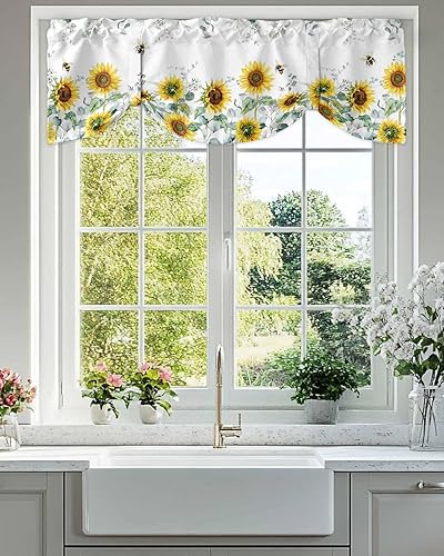 Miniatura 1 de Cortinas florales pequeñas para ventana de baño y cocina, 1 paquete de cortinas aislantes térmicas con lazos de 60 x 18 pulgadas, girasoles, abejas,