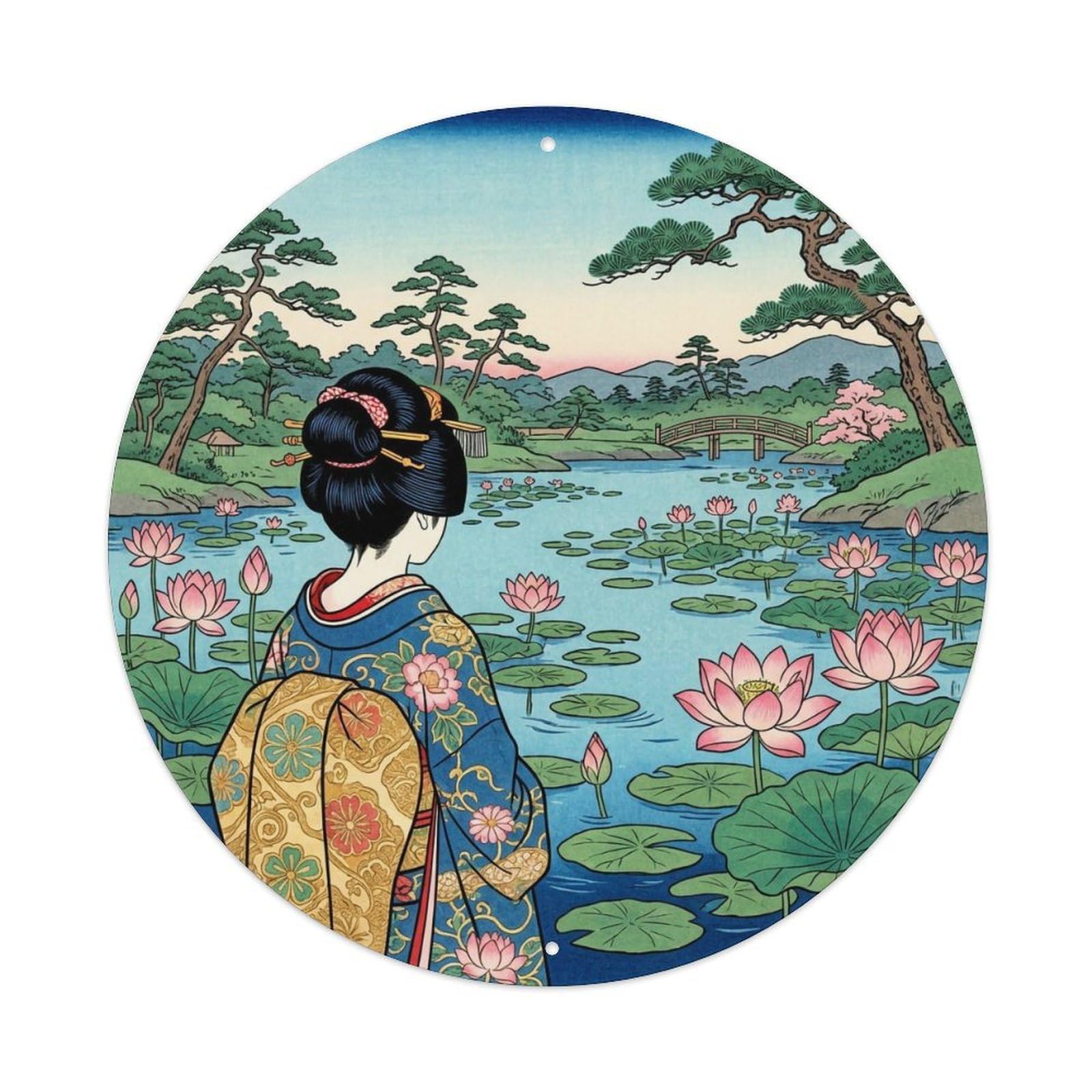 Yrnq 8X8inch Vintage Style Japanese Lotus Pond Geisha Viewing Flowers Metal Tin Sign