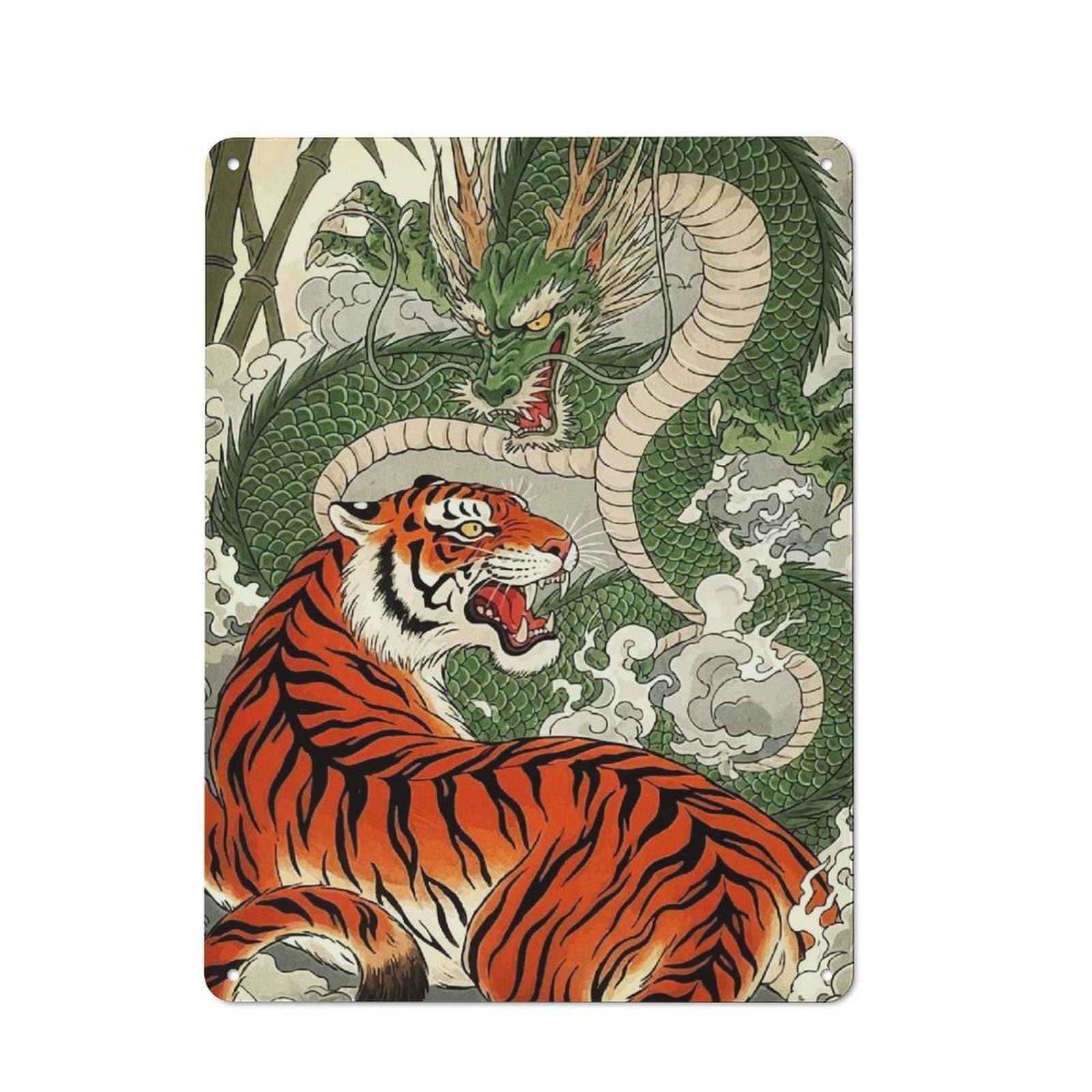 Dragon And Tiger Tin Sign 40x30cm, Creative Studio Wall Plaque for Hobby Room, Office, Lounge Or Living Room