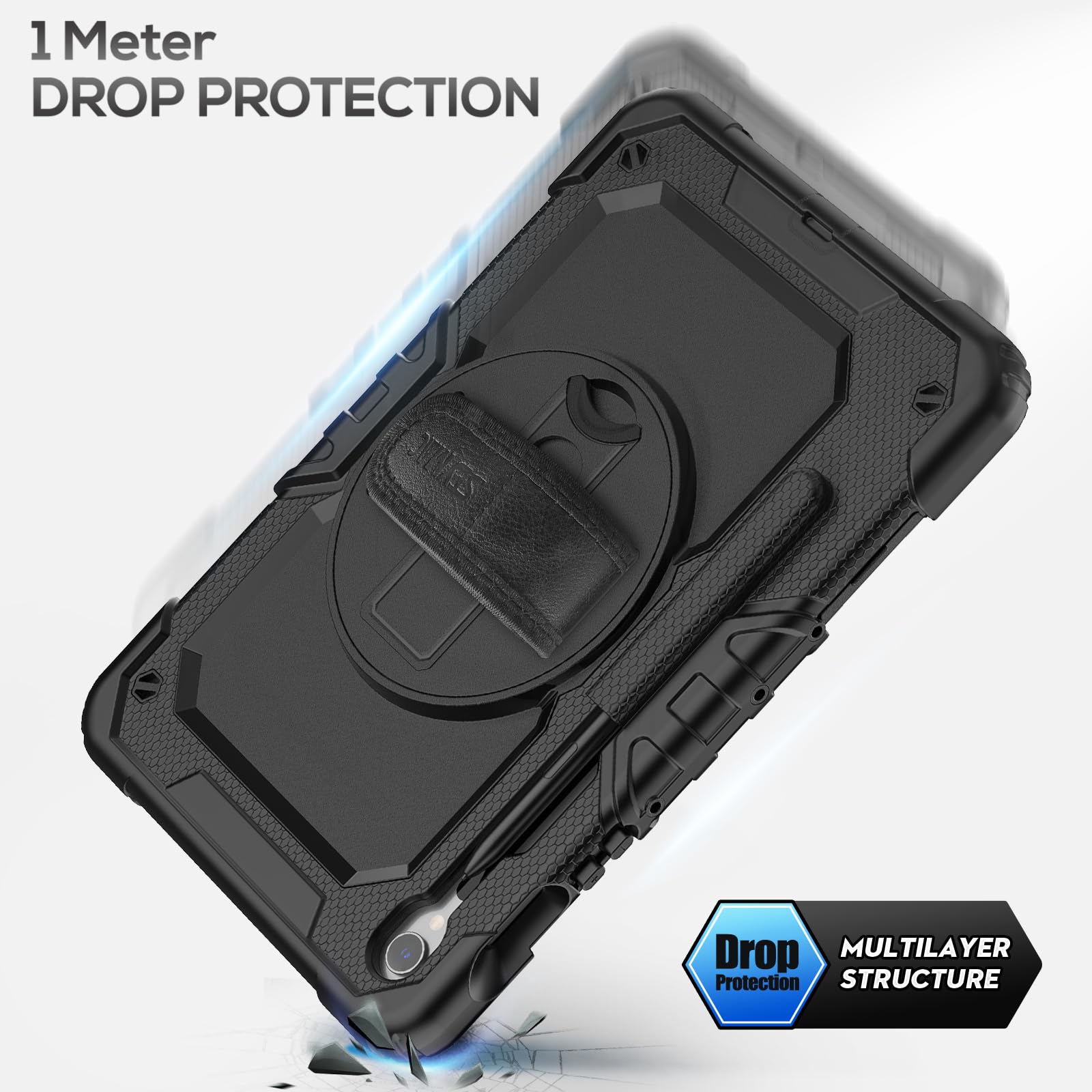 SEYMAC Coque pour Samsung Galaxy Tab S10 Lite / S10 FE / S9 FE 10.9 Pouces / S9 11 Pouces, Coque Antichoc avec Protecteur D'écran, Dragonne, Bandoulière, Support et Porte-Stylo, Noir