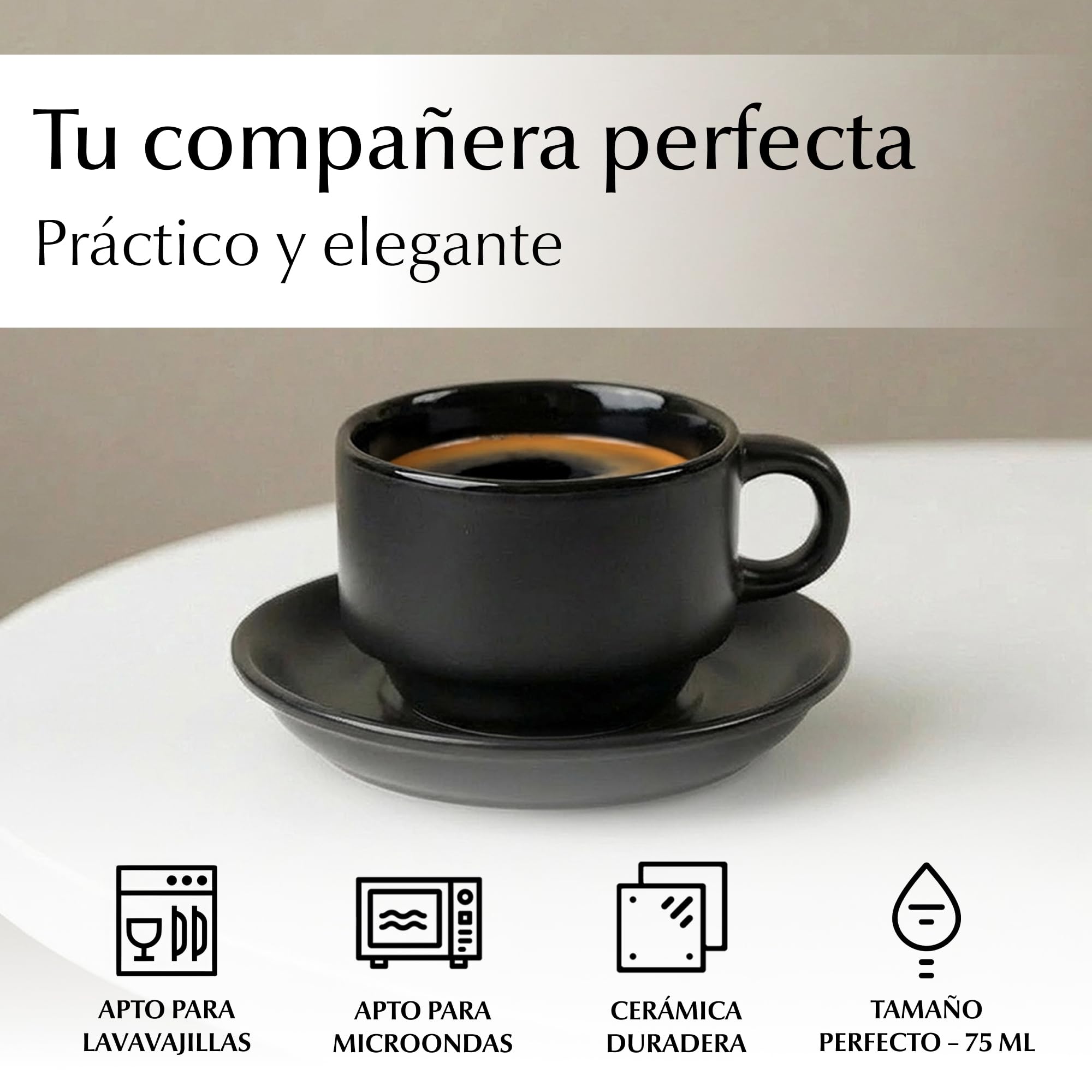 MIAMIO 6 x 75 ml Tazas Cafe Espresso De Cerámica de Gres - Juego De Tazas De Café con Plato - Le Papillon Colección (Negro)