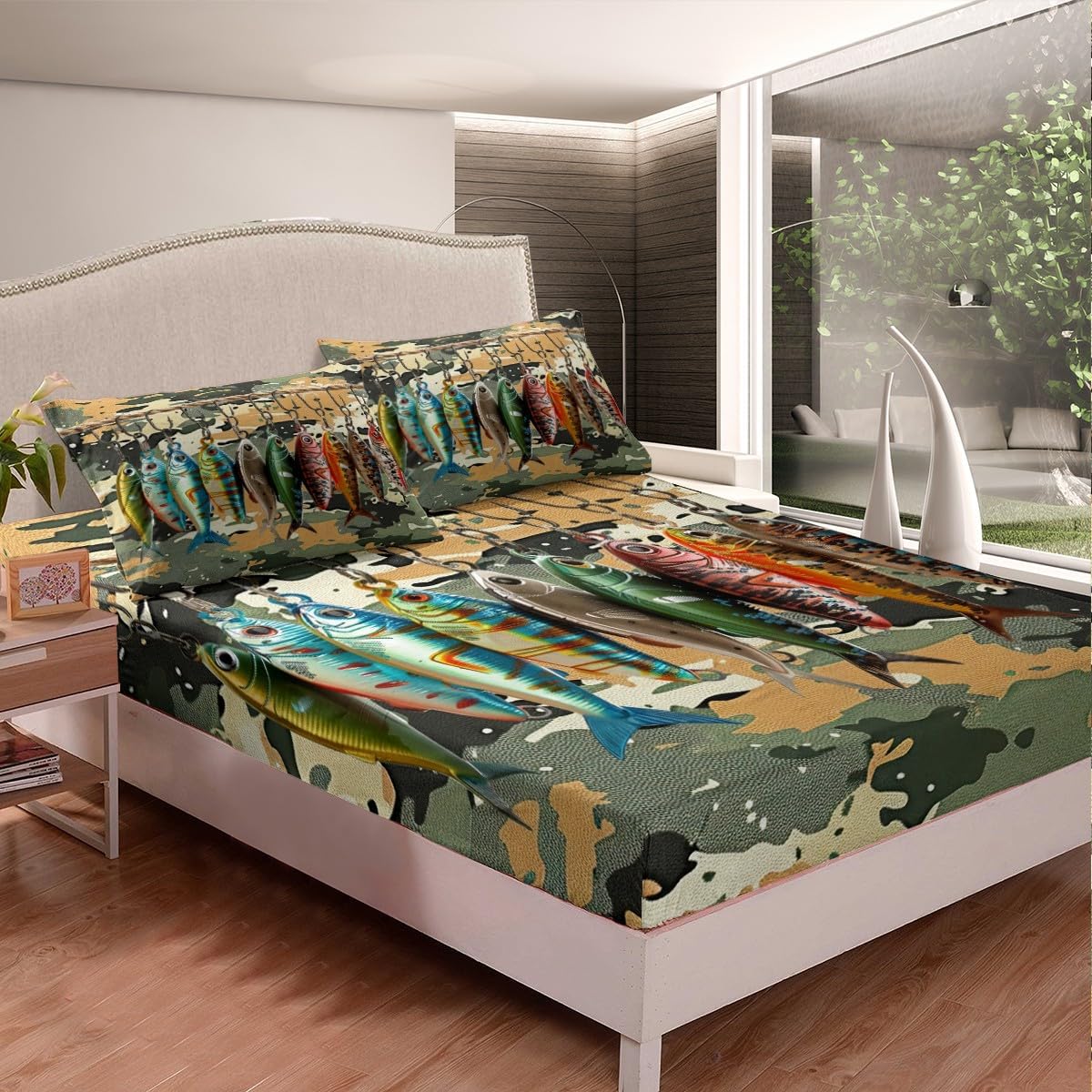 Feelyou Camouflage Fishing Bed Sheets Set for Fishing Lover Full Size Cabin Camo Fitted Sheet Deep Pocket Lodge Room Decorative Bass Fish Pike Fish Fisherman Bedding Set Camper Bed Cover