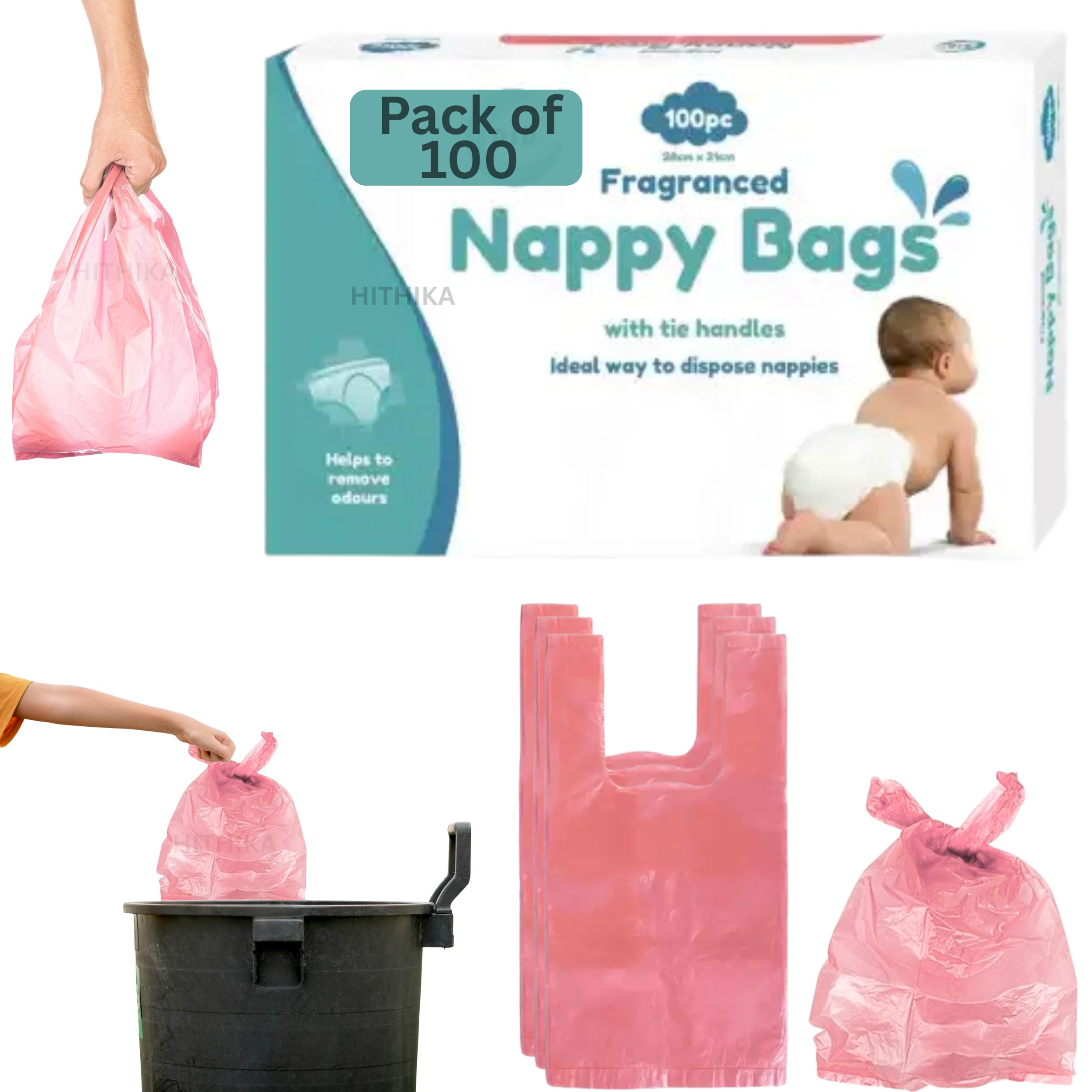 Hithika Light Green 100 Pack Nappy Fragranced Bags - Tie Handle Baby Nappy Changing Disposable Bags | Scented Bin Adult Waste Sacks | Scented For Dog Poo