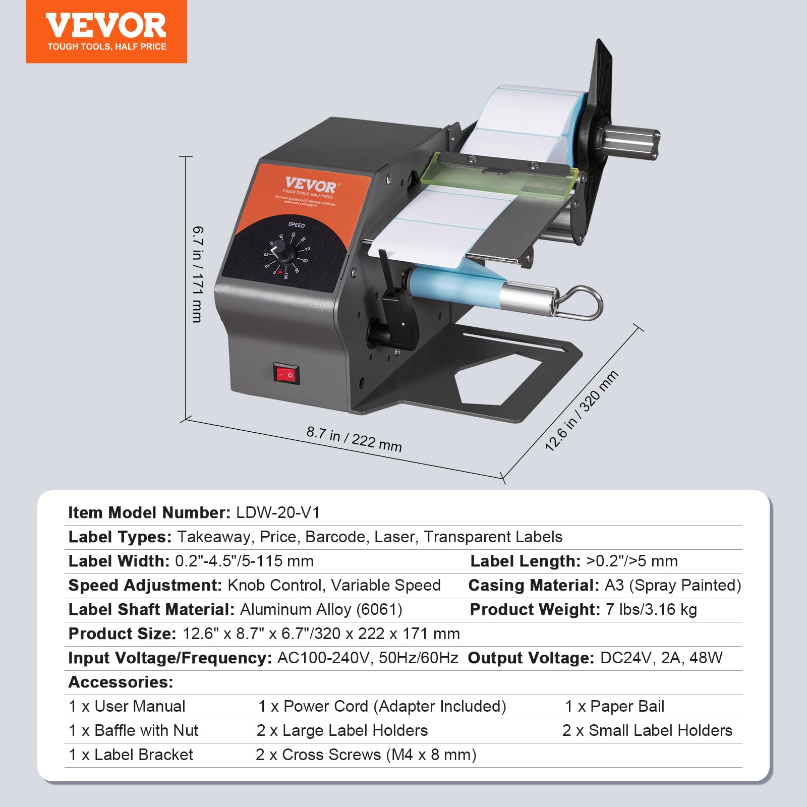 VEVOR Etichettatrice Semiautomatica, 20-50 Pezzi/min, Applicatore di Etichette, Etichettatrice Velocità Regolabile Larghezza Etichetta tra 5-115mm per Etichette Trasparente da Magazzino Supermercato