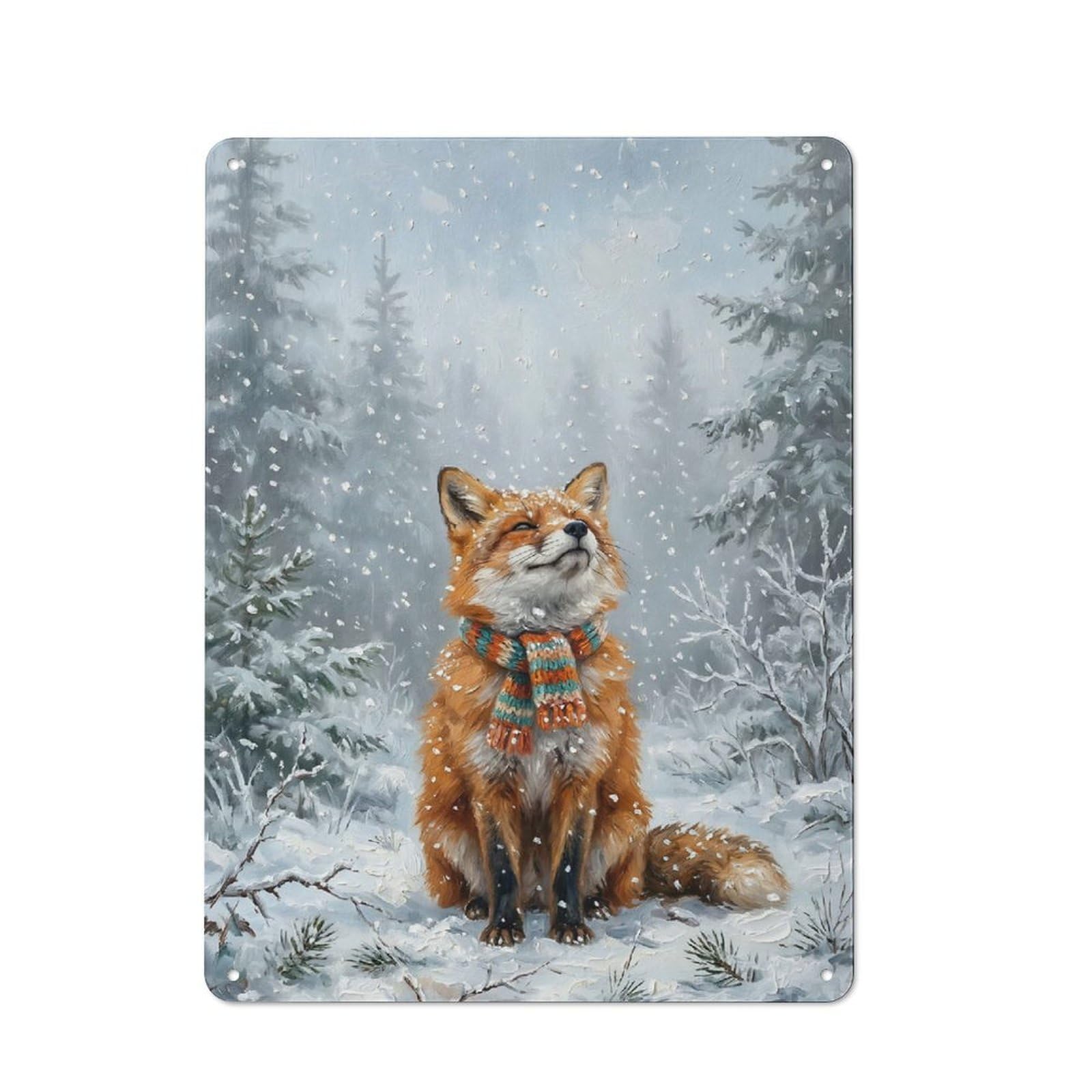Character Decorative Tin Plaque 40x30cm Featuring Fox in A Winter Forest, Home Wall Decor for Flat, Dorm Room, Lounge Or Cafe