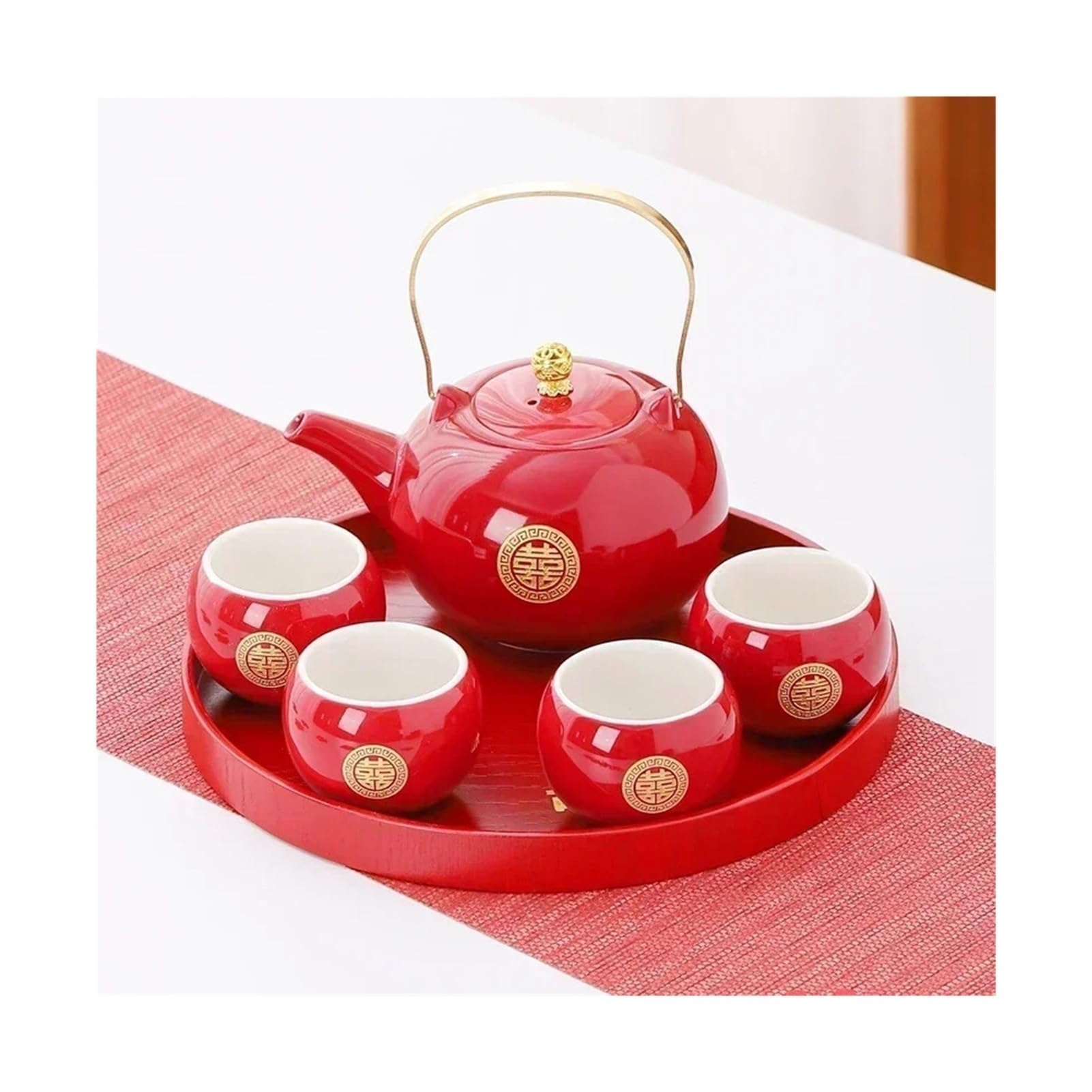 Juego De Té De Cerámica Roja, Juego De Té Chino For Bodas, Tetera Hecha A Mano, Juego De Tazas De Té De Porcelana For El Hogar, Personalizado Y Especial.(D3-6pcs)